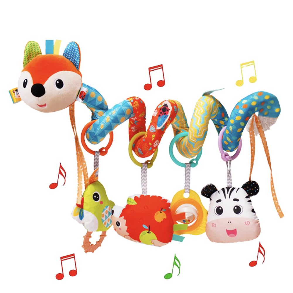 Baby Car Seat Toys, Infants Activity Spiral Plush Toys for Babies 0-6 Months Hanging Stroller Toy Gift for Infant Boys and Girls 0 3 6 12 Months Newborn Sensory Toy with Rattles Squeaker Music - Fox