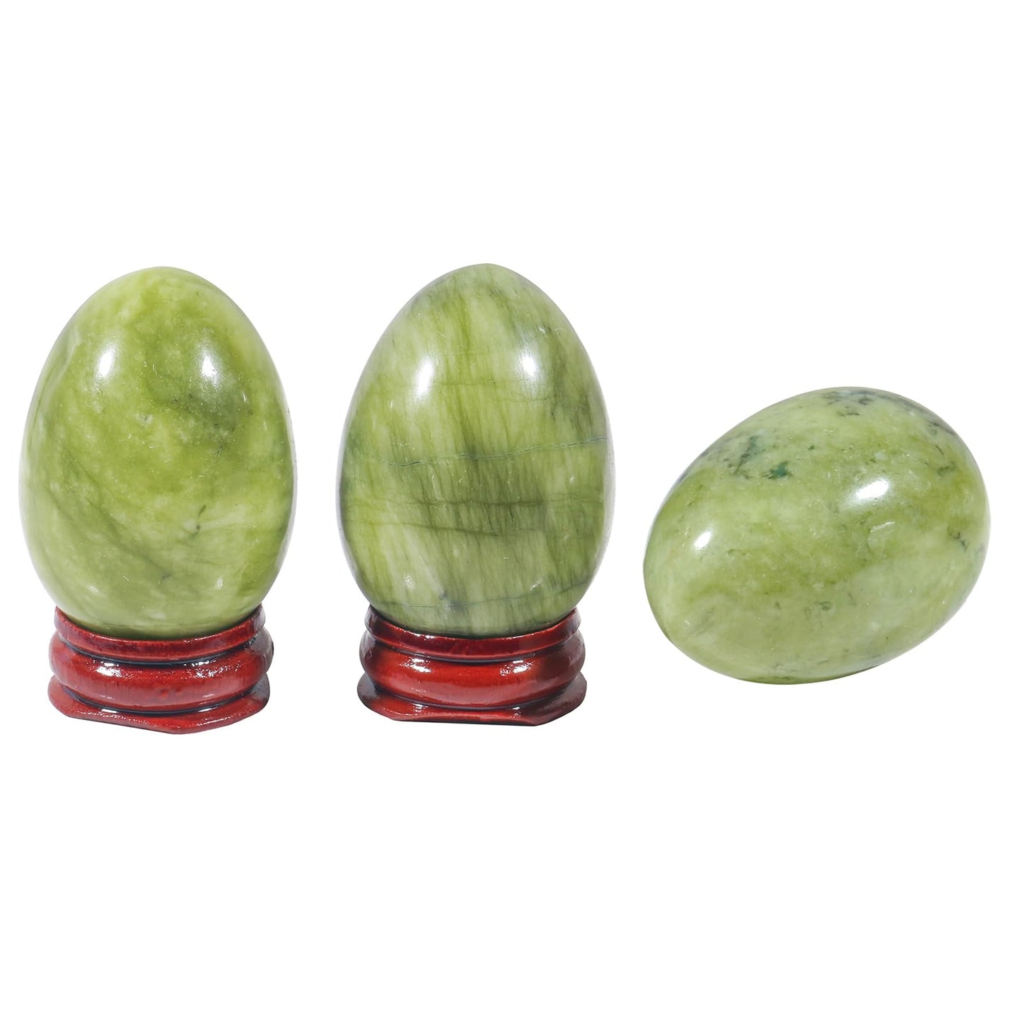 Fekuar Stone Egg Figurine, Polished Healing Crystal Easter Eggs Sphere Sculpture with Wood Stand, Green Jade, 1.8"