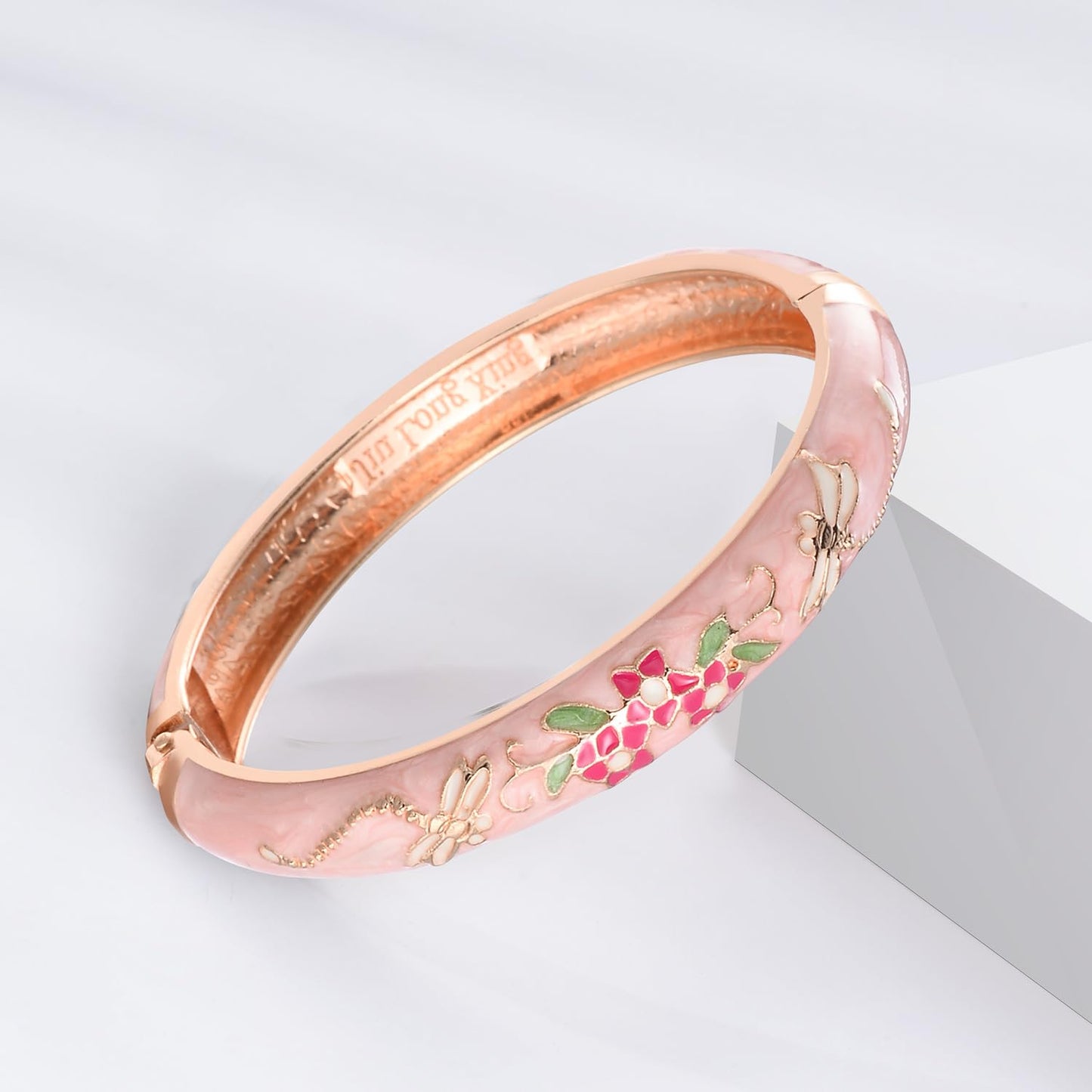 UJOY Bangles 5 Pcs Enamel Jewelry Set Rose Flower Engraved Cloisonne Bracelets Pack in a Box 5PCS Green Pink