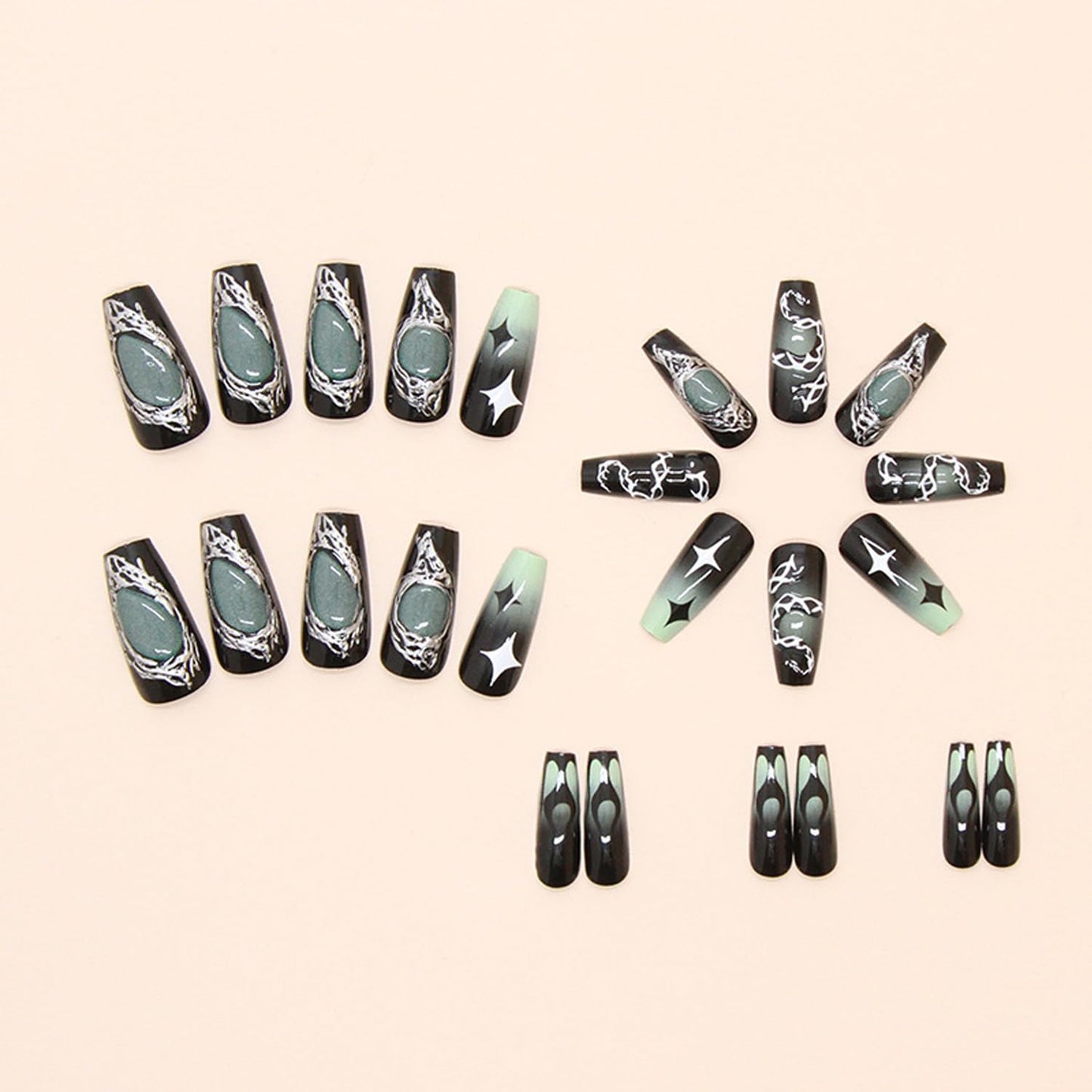 24pcs Dark Press on Nails Medium length Fake Nails Press on with Punk Cool Black Star Crocodile Pattern Dark Gradient False Nails Star Full Cover Glossy Irregular Metal Stick on Nails for Women 24Pcs