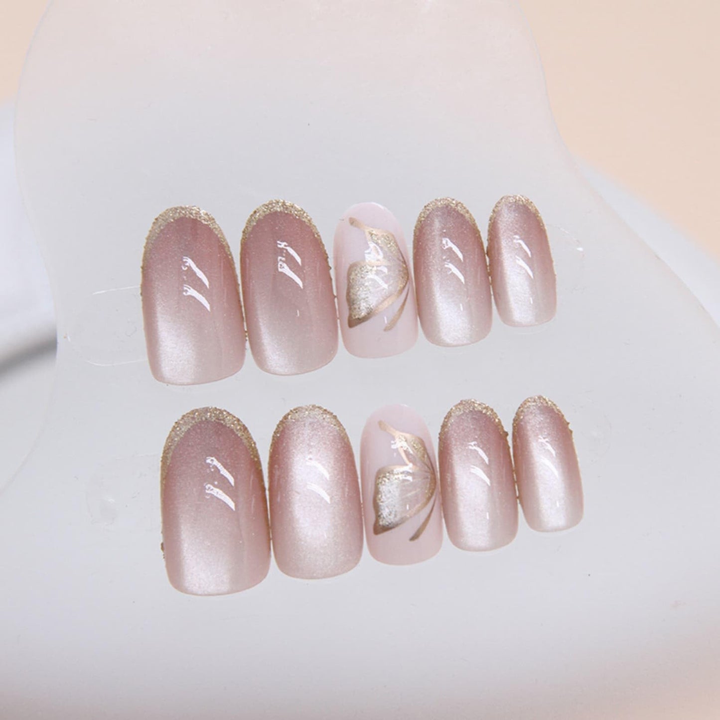 Short Almond Press on Nails Sparkly Butterfly Fake Nails Nude Pink with Butterfly Glitter Design Glossy Full Cover Acrylic Nails Reusable Stick on Nails Glossy Artificial Nails for Women