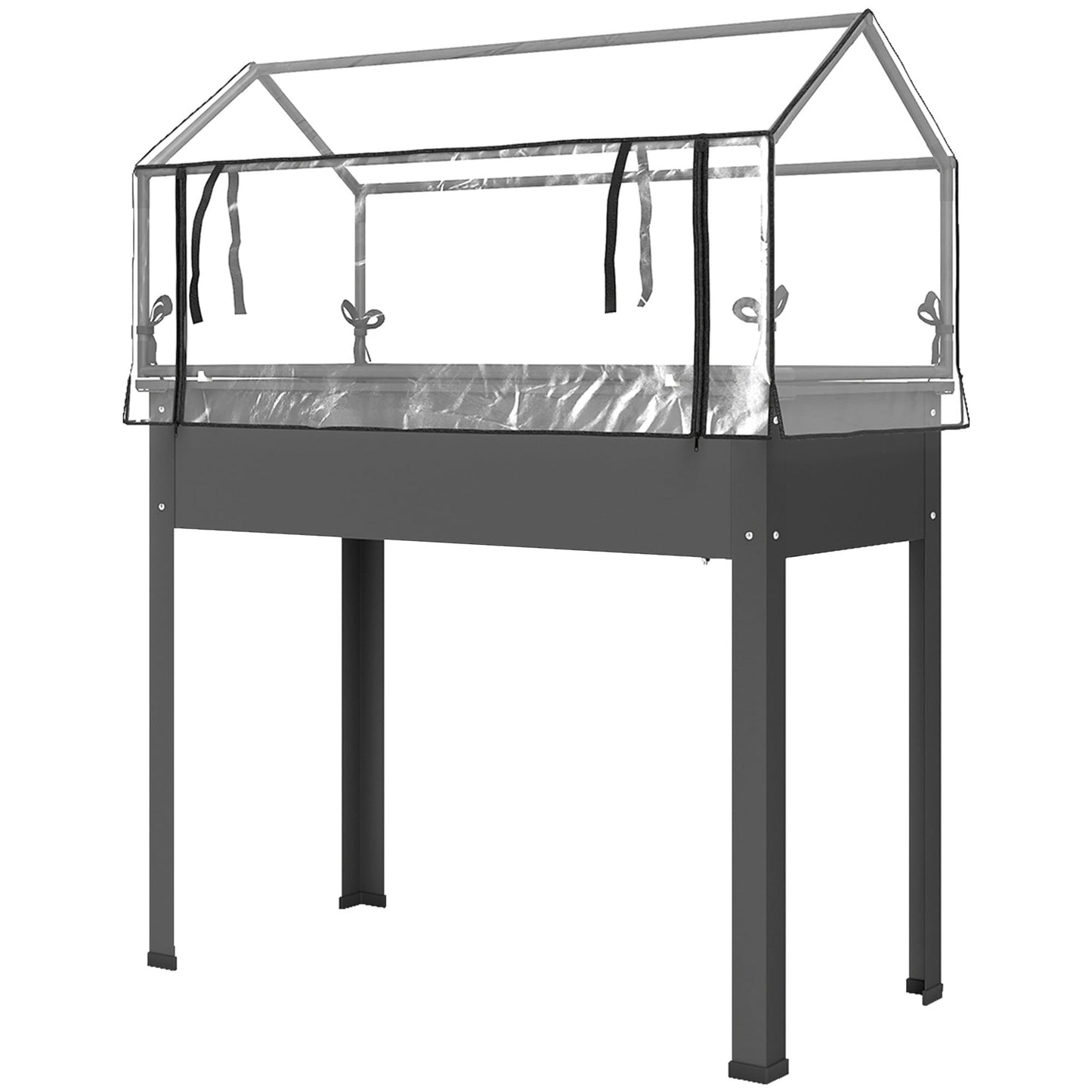 Elevated Raised Garden Bed with Mini Greenhouse, Dark Gray Metal Planter Box with Flip-Up Protective Cover, 39.4" x 18.9" x 48.8", 110 lbs Capacity