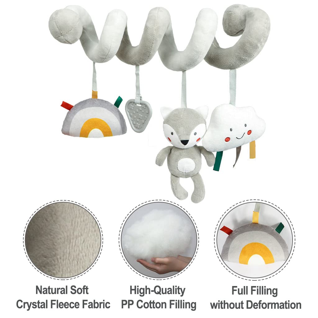 Blublu Park Baby Car Seat Toys, Infant Activity Spiral Plush Hanging Stroller Toys with Squeaker and teether for Car Seat Stroller Crib Bassinet (Grey Fox)