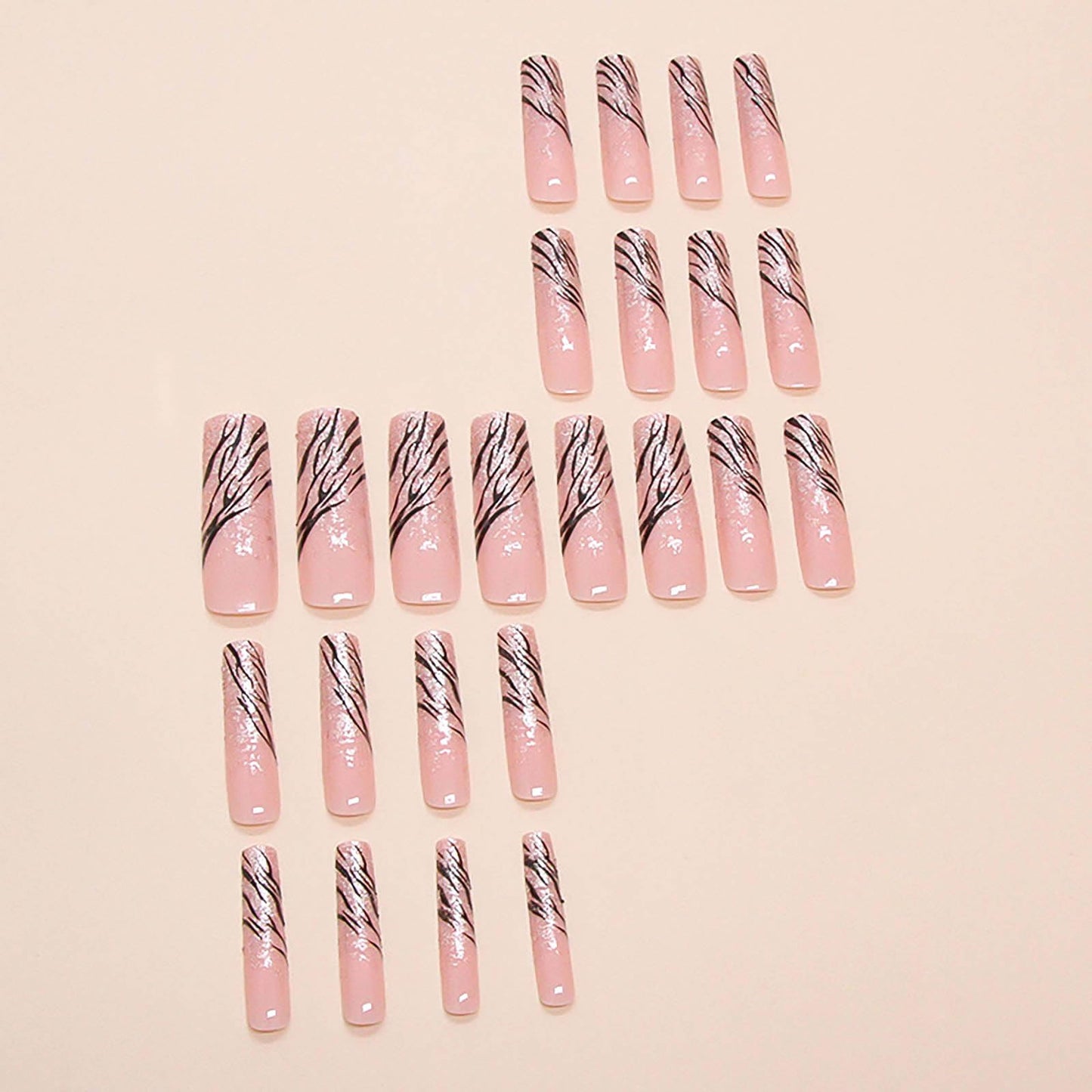 RUOKEXIN Long Square Press on Nails French Tip Fake Nails Silver Glitter False Nails with Silver Ripple Designs Long Square Glue on Nails Sparkly Artificial Nails Cute Stick on Nails for Women 24Pcs