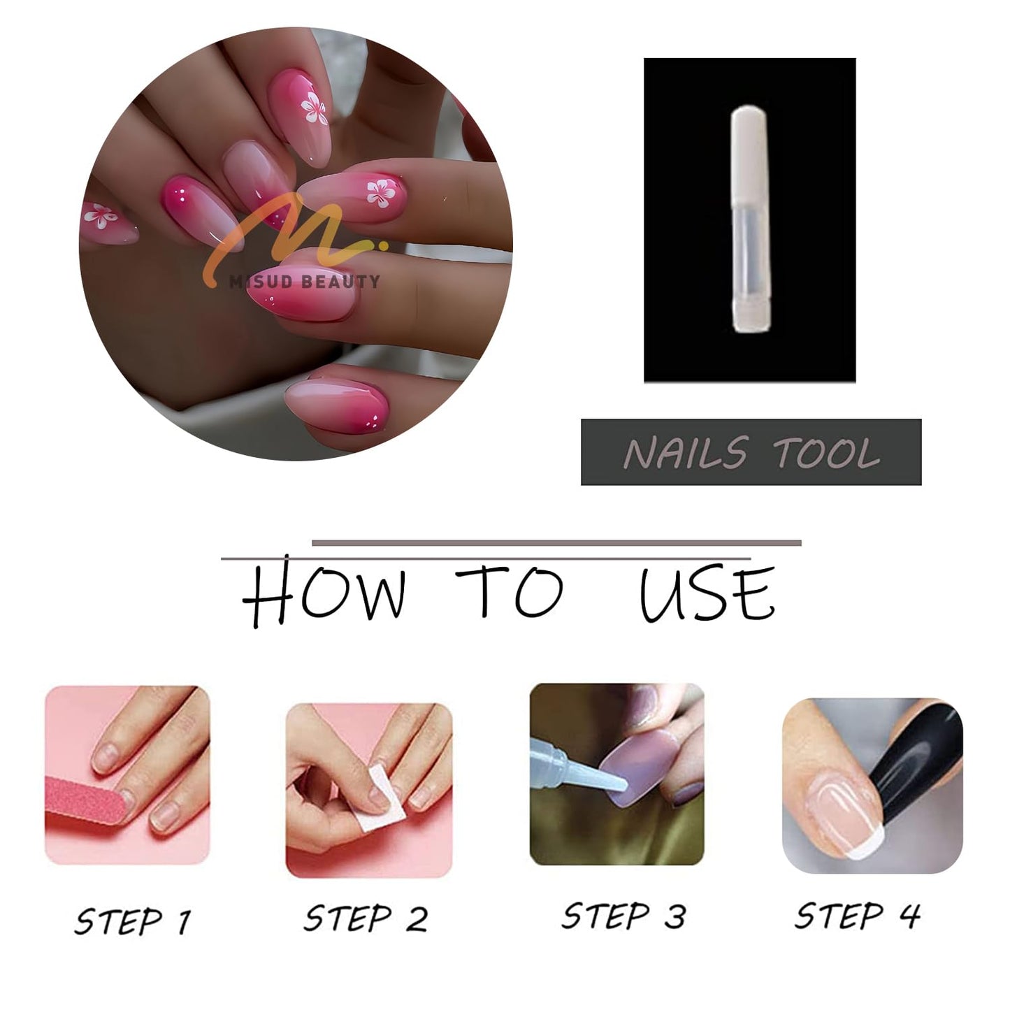 MISUD Press on Nails - Medium Almond Fake Nails with Pink Ombre, Acrylic Flower Design 24 pcs