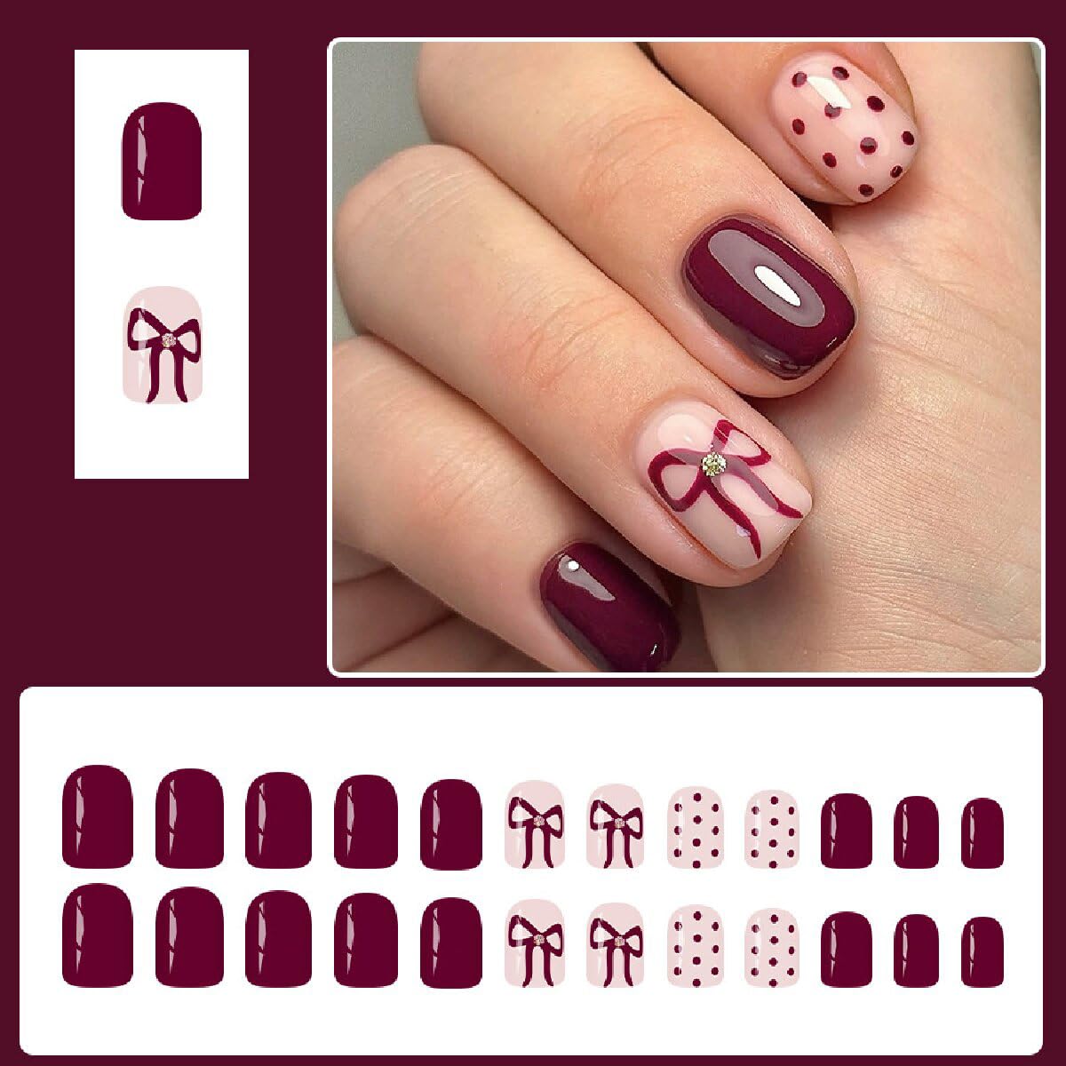 Square Press on Nails Short Dark Red Glossy Fake Nails with Bow Spot Design Full Cover Winter Stick on False Nails for Women 24 Pcs