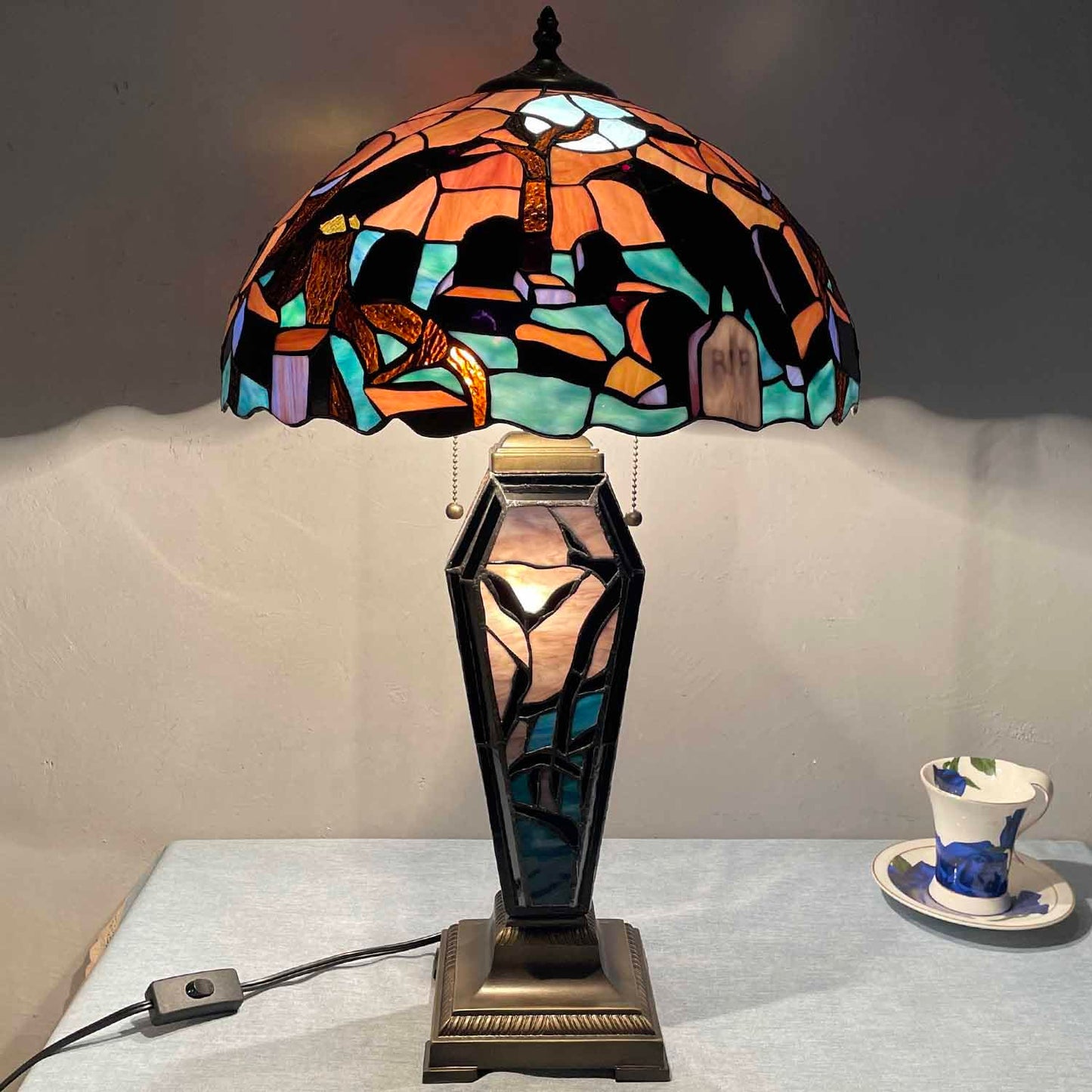 Bieye L10987 Ravens in Spooky Cemetery Tiffany-Style Stained Glass Table Lamp with Coffin Base Night Light - Gothic Graveyard Scene (Dark Orange, 16Wx26H inch)