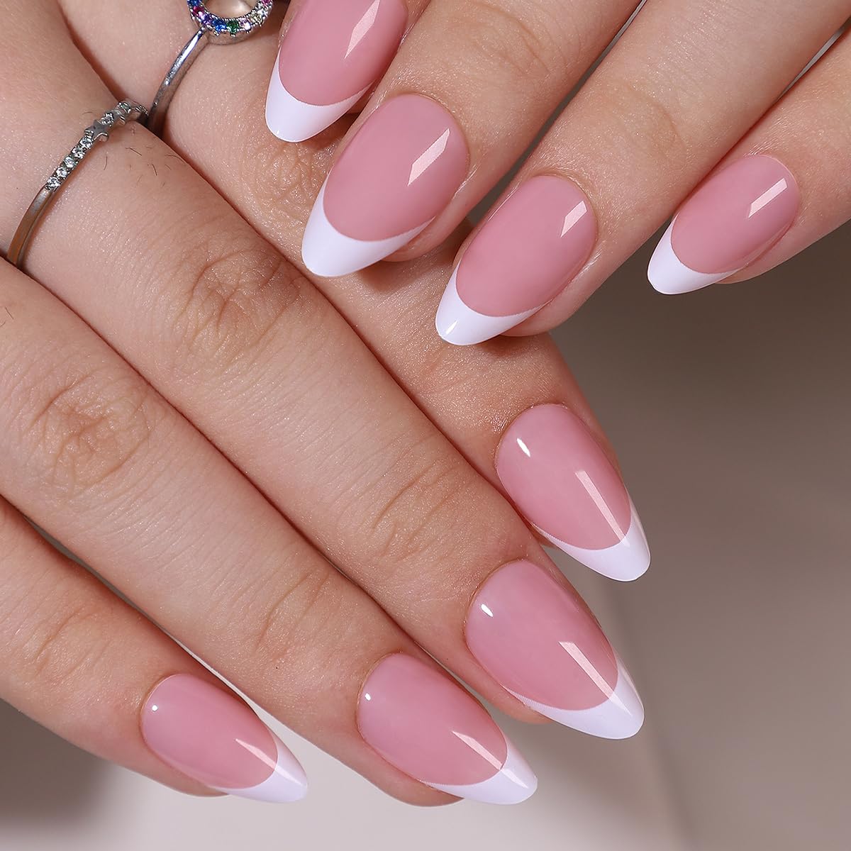 6 Packs (144 Pcs) French Tip Press on Nails Medium Almond Fake Nails 6 Color French Tip False Nails Full Cover Glossy Acrylic Stick on Nail for Women Manicure