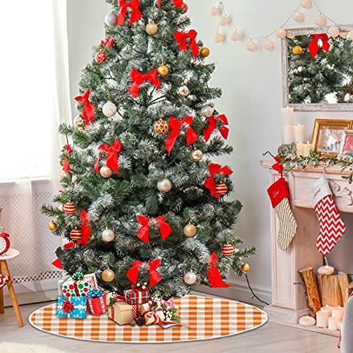 Fall Autumn Christmas Tree Skirt 48", Orange and White Plaid Xmas Tree Skirts Floor Door Mat Round Pad for Holiday Party Indoor Outdoor Home Decorations