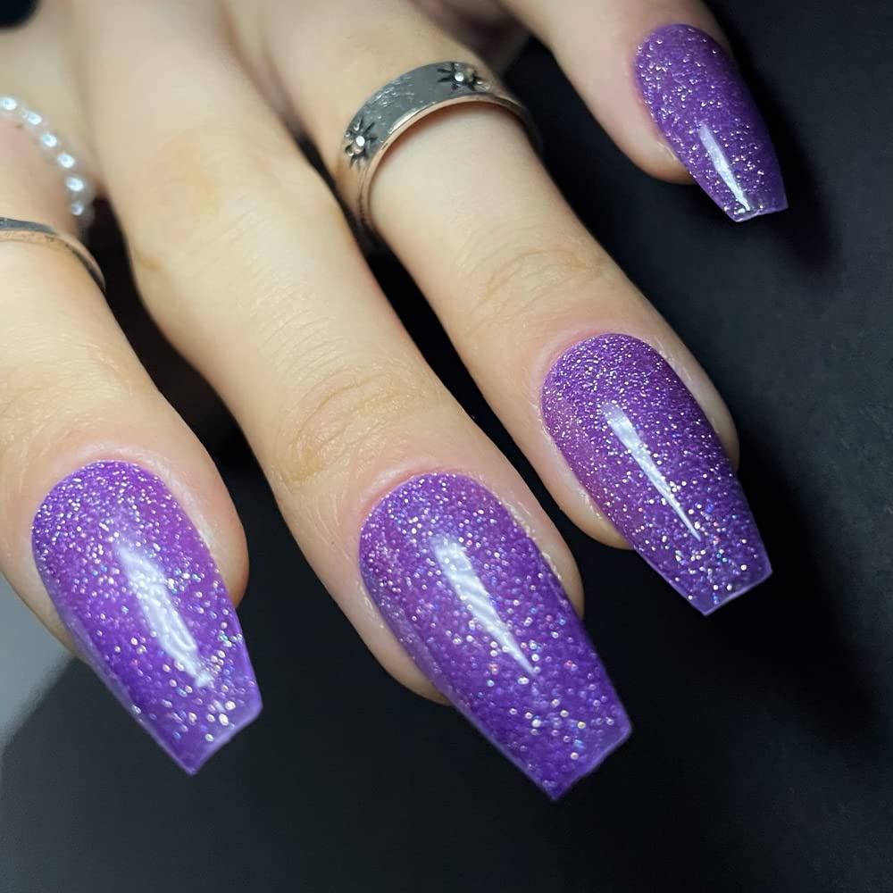 Redykat Handmade 24PCS Glossy Coffin Press On Nails, Salon Quality Nail art, Extra Long Acrylic Fake Nails, False Nails, Home Quick Manicure……… (thermochromic purple)