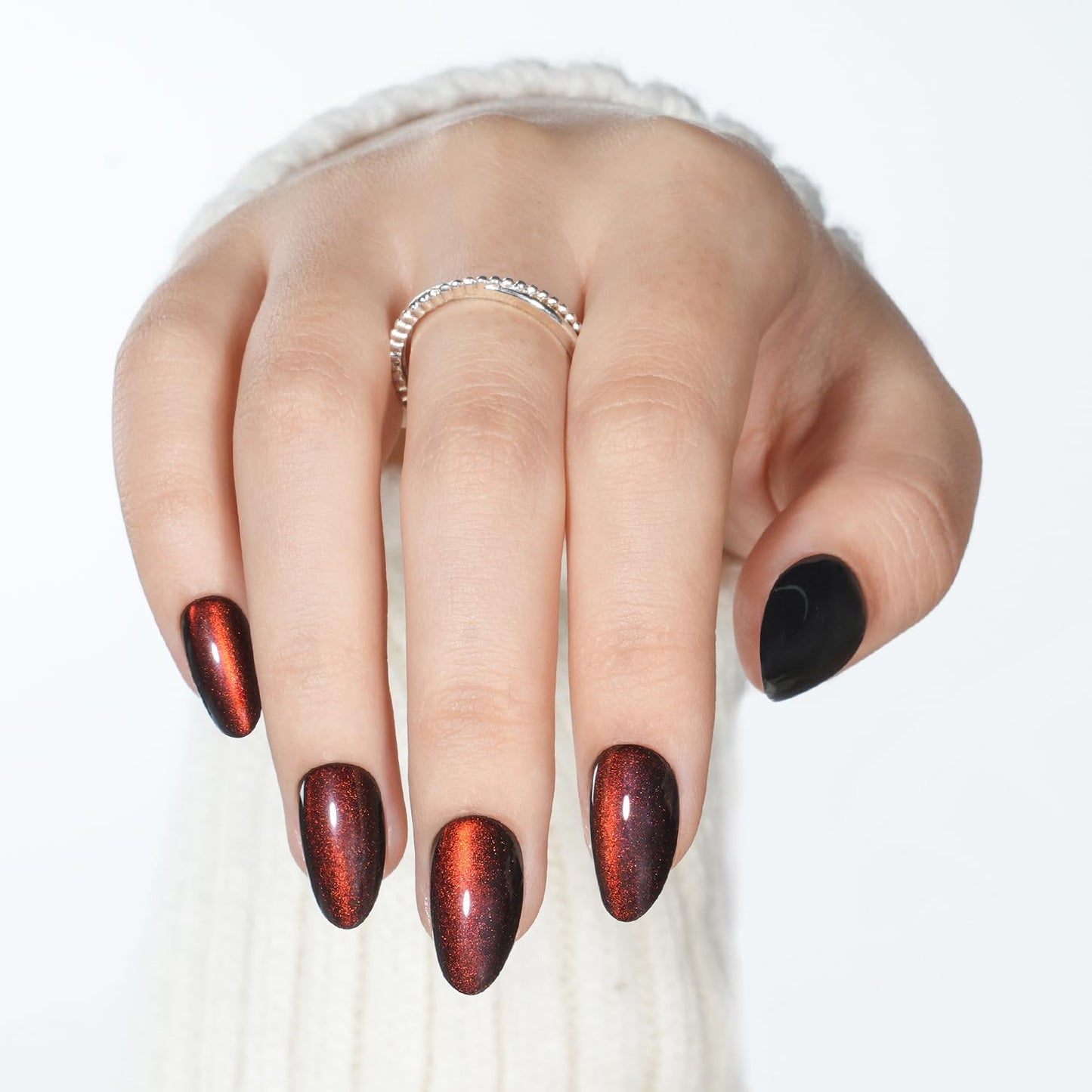 Leefrei Red Cat Eye Press on Nails - Short Almond Burgundy Cat Eye Nails, Soft Gel Fake Reusable Red Nails Press ons for Women, 32 pcs in 16 Sizes False Nails Kit with Glue, Cherry Mirage