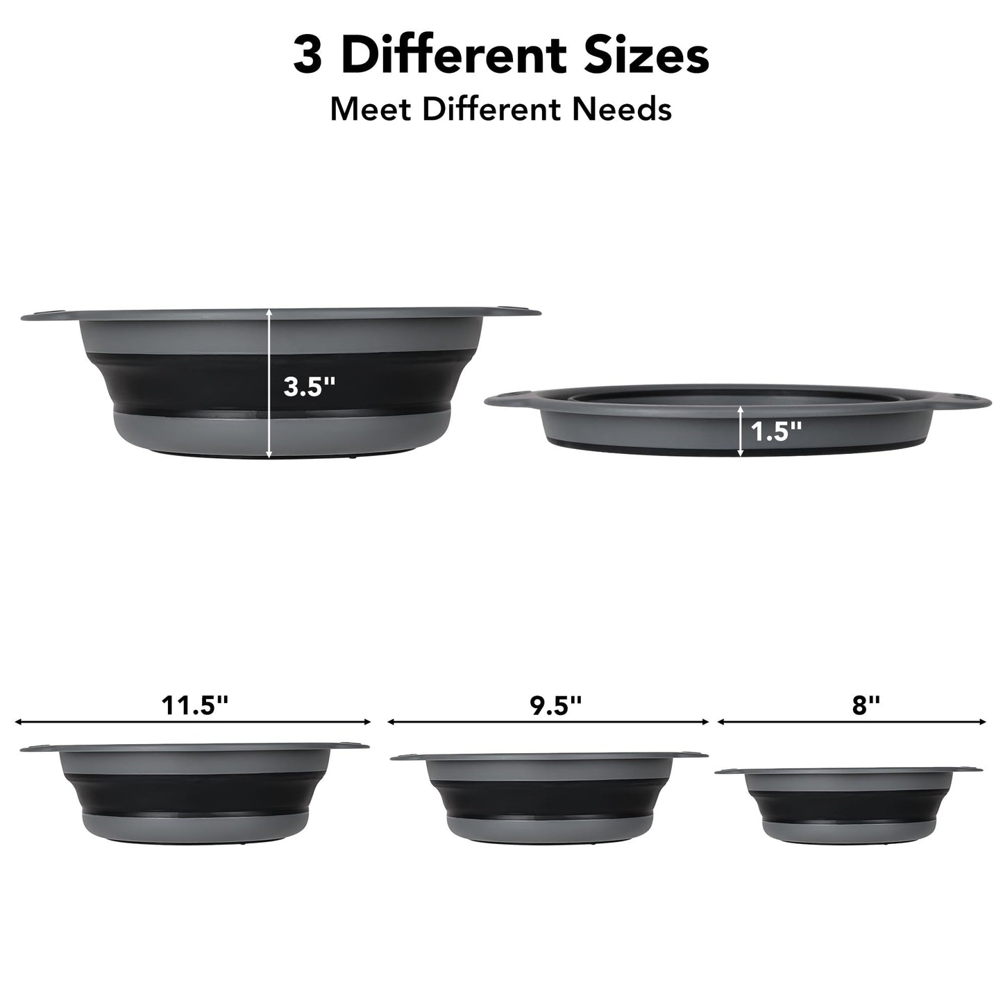 Collapsible Colander Set of 3 with Kitchen Counter Self-draining Base, Round Silicone Food Foldable Strainer for Cooking Pasta, Vegetables and Fruit (3QT, 4QT and 5QT), Black