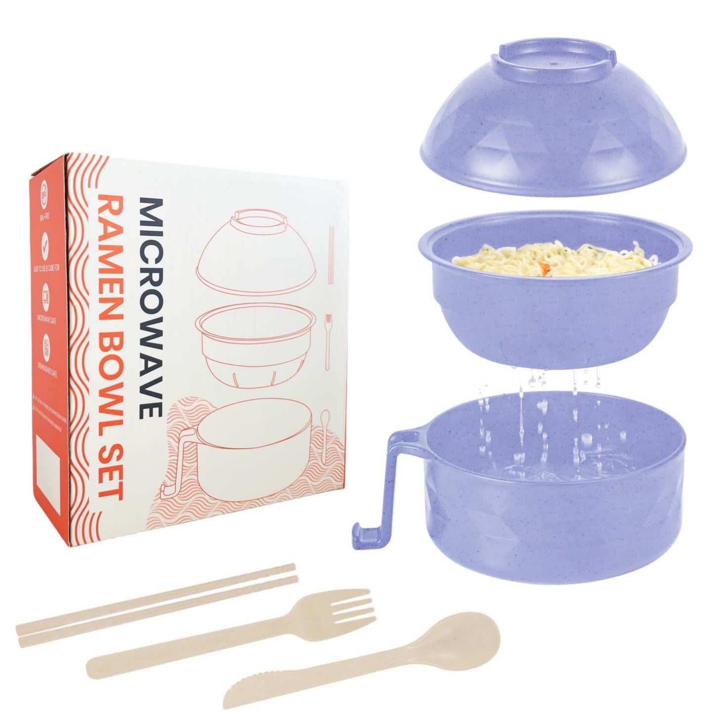 RORBAM Microwave Ramen Cooker,Ramen Bowl Set,Microwave Noodle Bowl With Chopsticks and Spoon, College Dorm Room Essentials for Girls for Boys, Apartment Essentials, BPA-Free. (light purple)