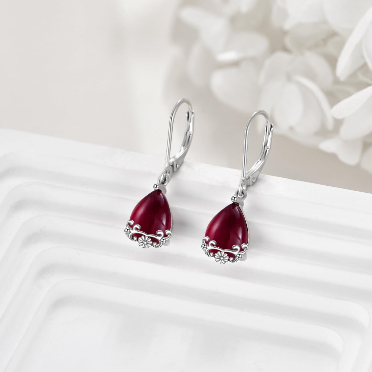 POPLYKE Garnet Filigree Teardrop Drop Dangle Earrings Sterling Silver Red Gemstone Leverback Earrings Jewelry for Women