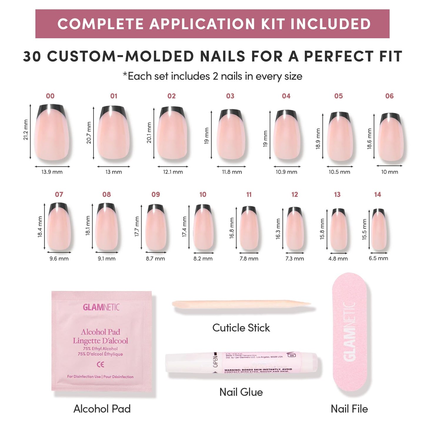 Glamnetic Press On Nails - Medium Coffin Fake Nails, Black French Tip Nails, Balsamic Glaze | 15 Sizes - 30 Nail Kit with Glue