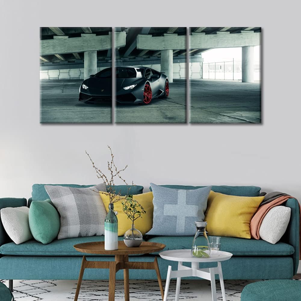 TUMOVO Black Car Canvas Wall Art Painting Super Decor for Living Room 3 Panels Pictures Print on Cool Hypercar Framed Artwork Home Bedroom Decorations, 36'' Wx16 H