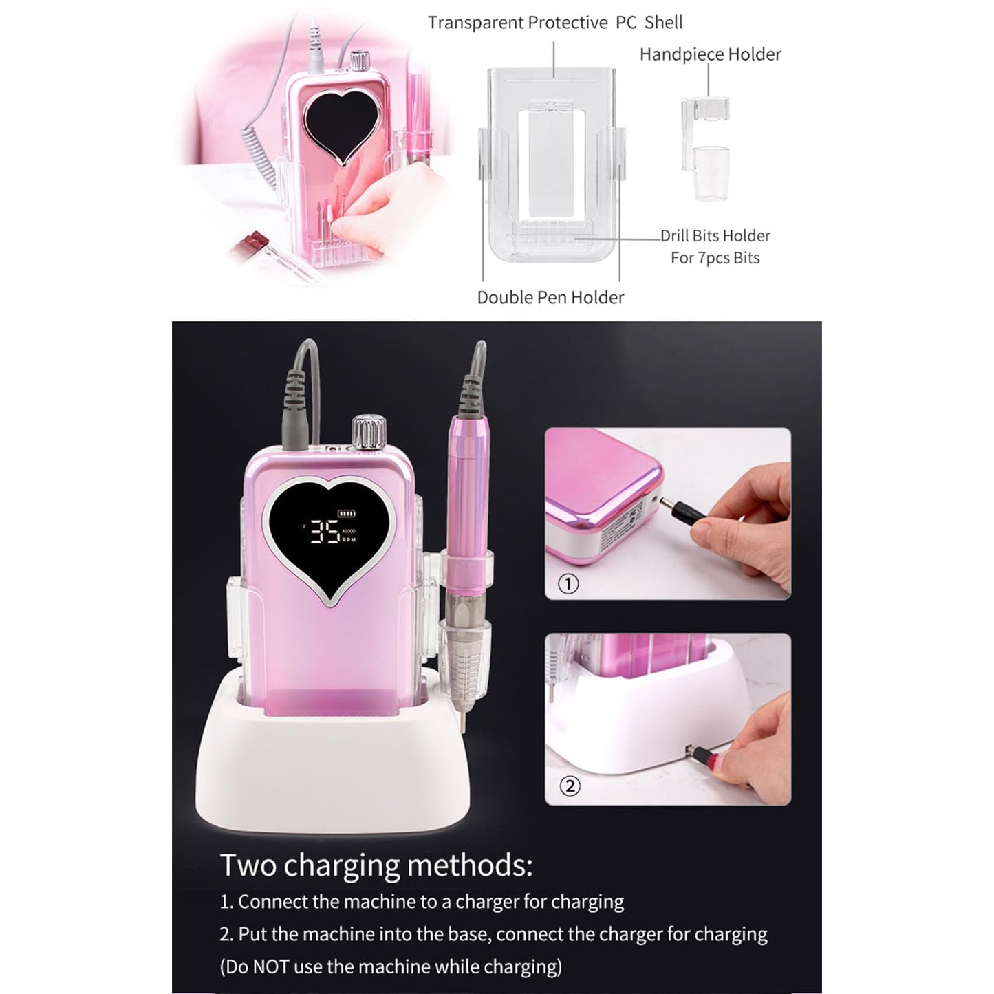 Luocute Electric Nail File, Professional Nail Drill Machine 35000 RPM Rechargeable Cordless with 6 Professional Bits LCD Display for Acrylic Gel Nails Manicure (US Plug)