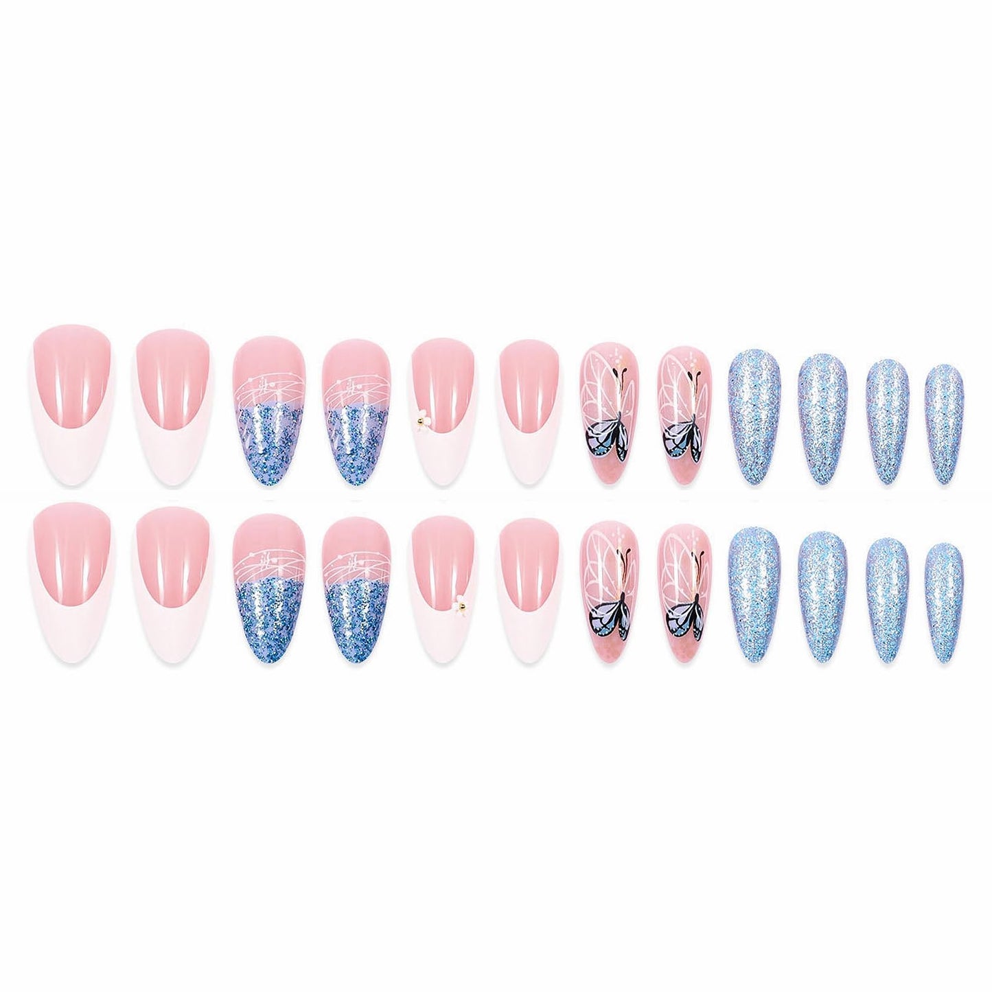 MISUD Press on Nails - Medium Almond Fake Nails with Summer Blue Butterfly Acrylic Bling Glitter Design 24 pcs