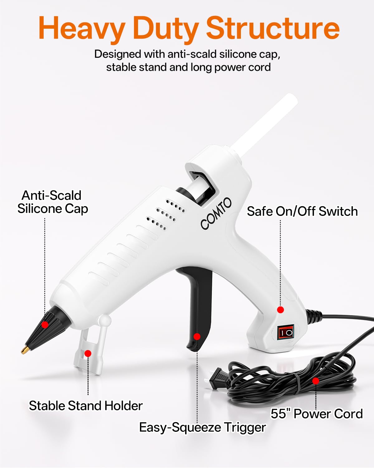 COMTO Full Size Hot Glue Gun with 10 Sticks, Heavy Duty Glue Gun with 80W Super Power, Anti-scald Nozzle and Easy Squeeze Trigger, Perfect for Crafting, DIY and Repairs - White
