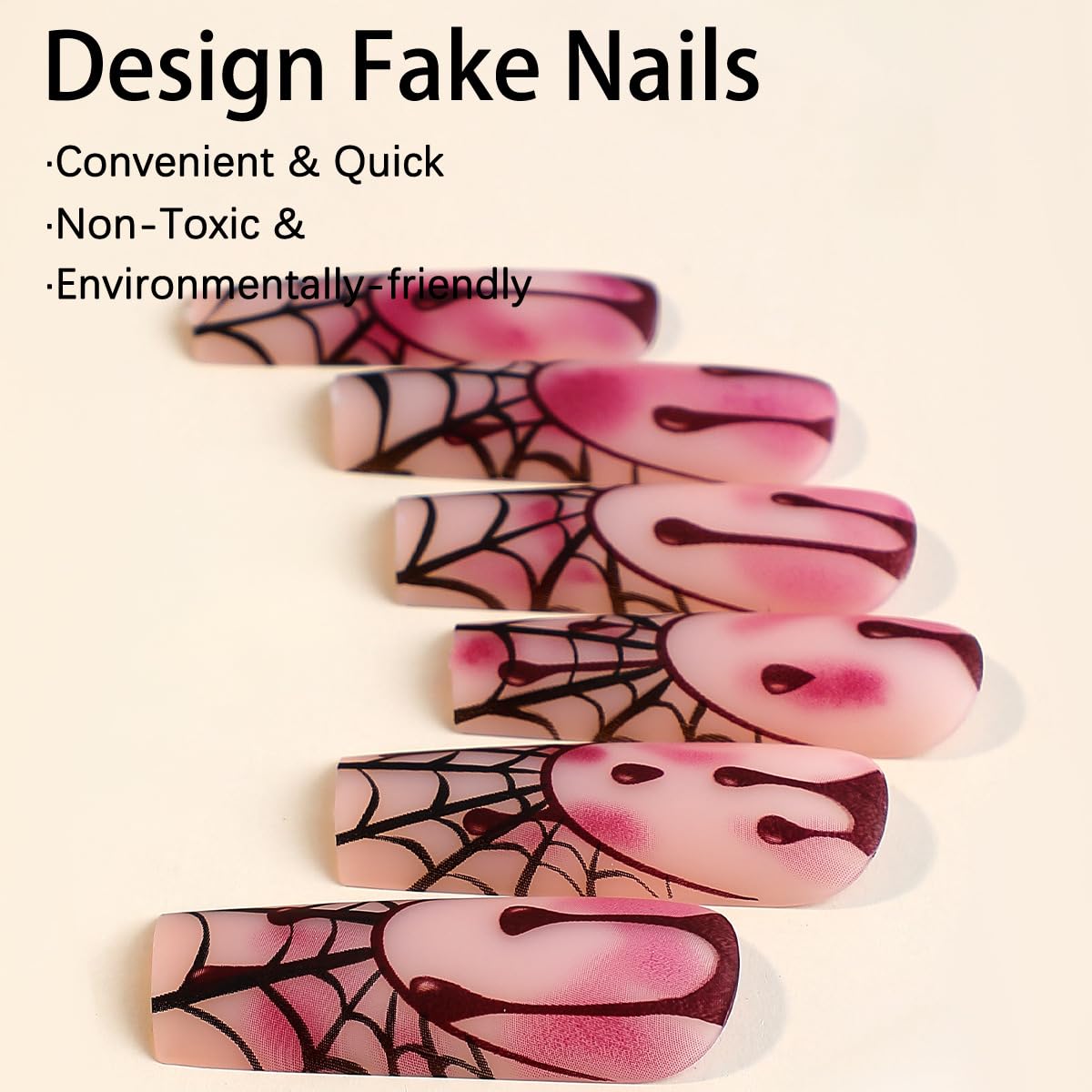 Halloween Press on Nails Long Coffin Fake Nails Scary Blood Glue on Nails Spider Web Glossy Stick on Nails Square Artificial Acrylic Nails for Women Girls Manicure 24 Pcs