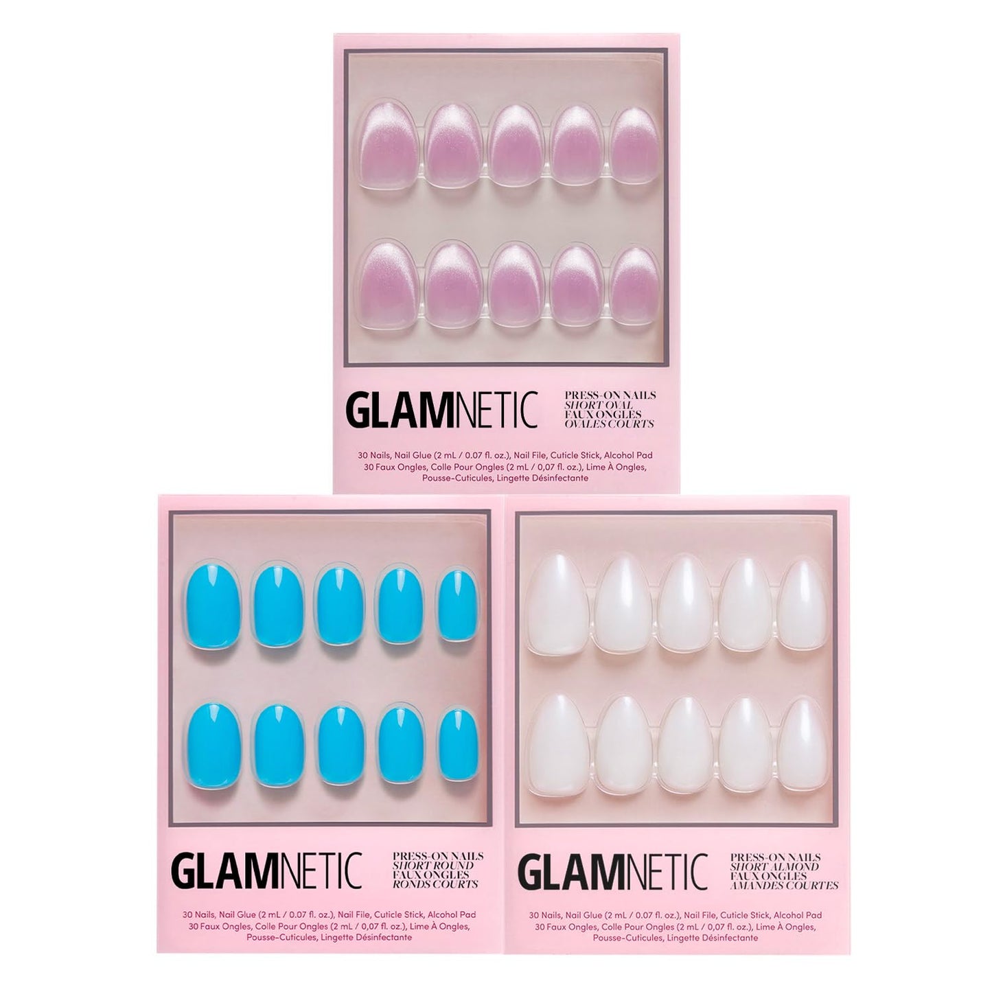 Glamnetic Press-On Nails Bundle - Azure Blue, Hailey & Fairy Dust | Bright Blue Short Round Fake Nails | Glazed Almond False Nails | Oval Beige-Pink Nails with a Metallic Finish