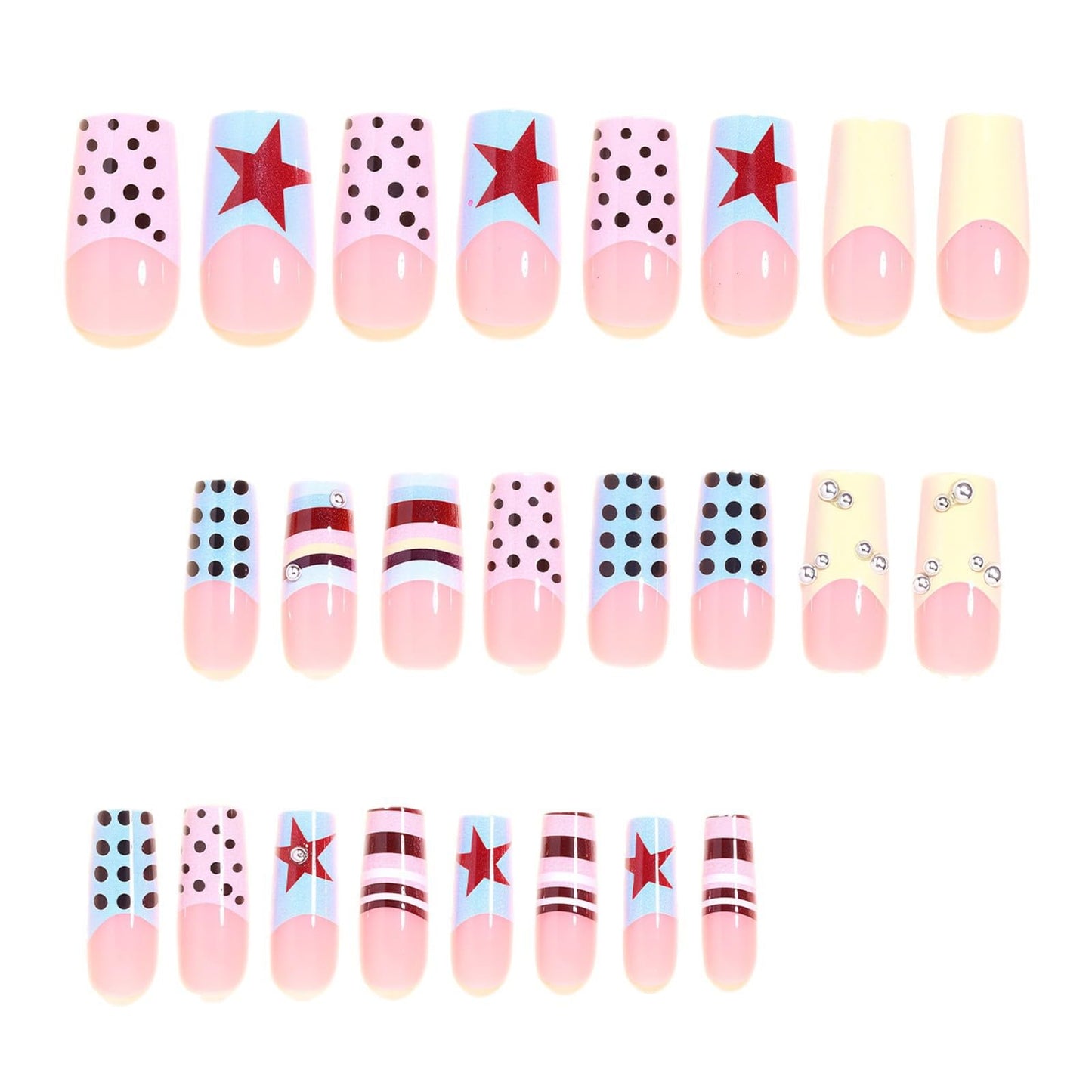 CTTHNBD Square Press on Nails Long - French Tip Fake Nails with Polka Dot Star Design - Summer False Nails Press ons - for Women 24 Pcs