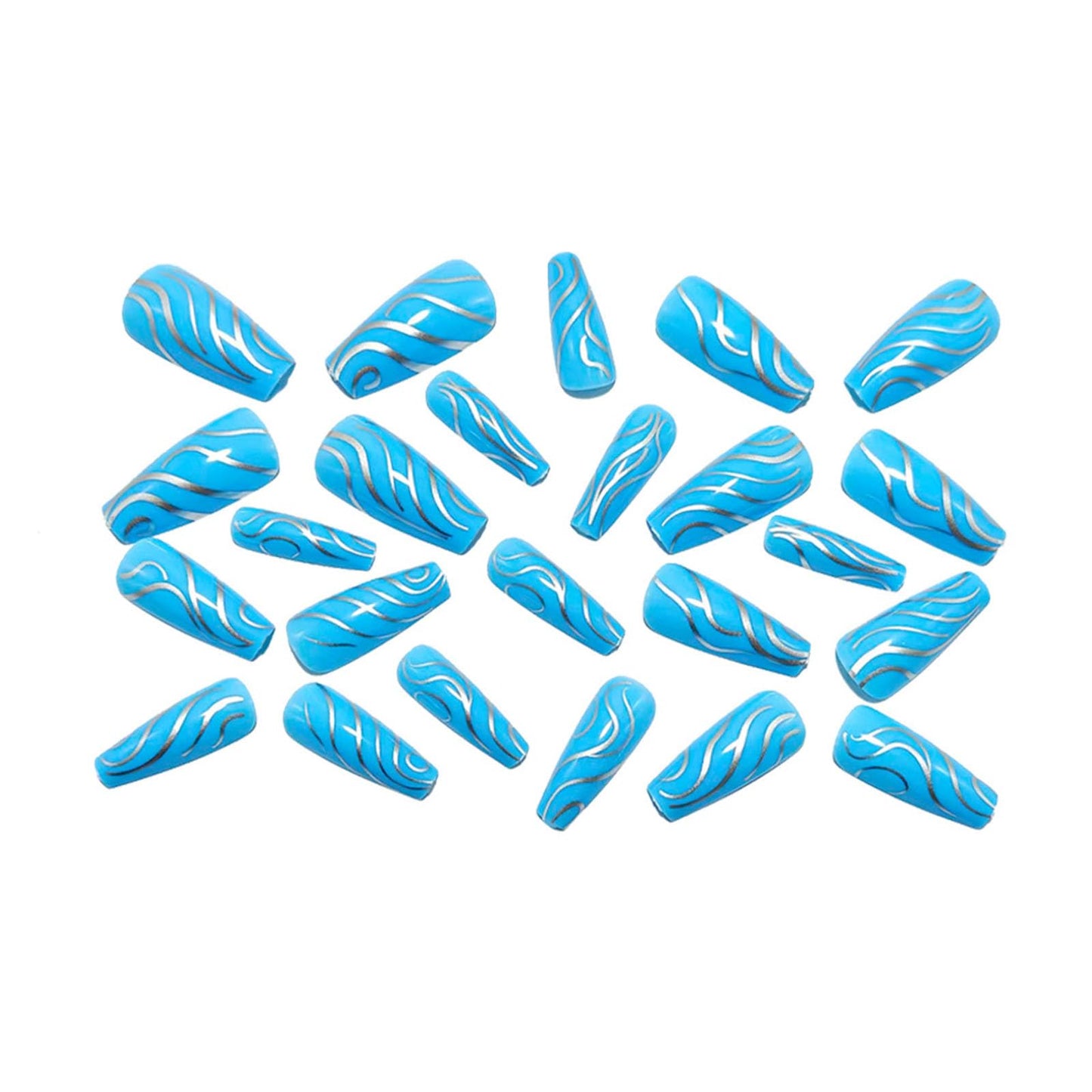 Medium Press on Nails Coffin Fake Nails with Silver Lines Designs Glossy Nails Press ons Blue Full Cover Glue on Nails Acrylic Artificial Stick on Nails for Women 24Pcs