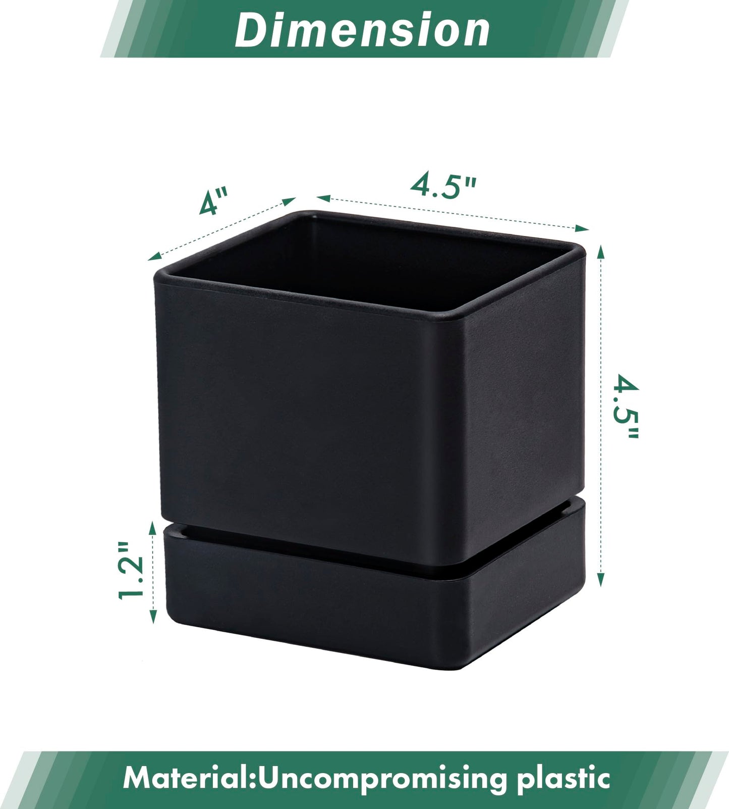 D'vine Dev 4 Inch Herb Planter Pot, Plastic Planter with Drainage Holes and Saucer, Modern Decorative Gardening Pot for Indoor Plants, Flowers, Herbs, Succulents, Black, Set of 6, 76-Y-B6-1