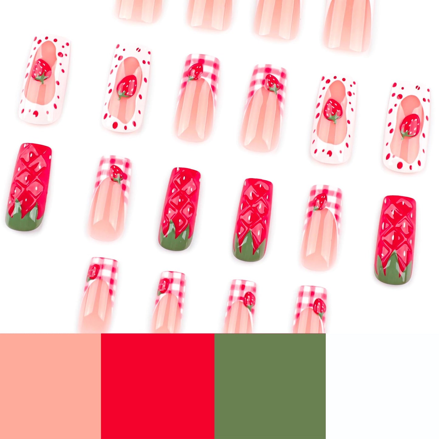 IMRAIN Long Press on Nails Square Fake Nails 3D Red Strawberry Designs Glossy Reusable Acrylic False Nails Full Cover Cute Gel Handmade Glue on Nails