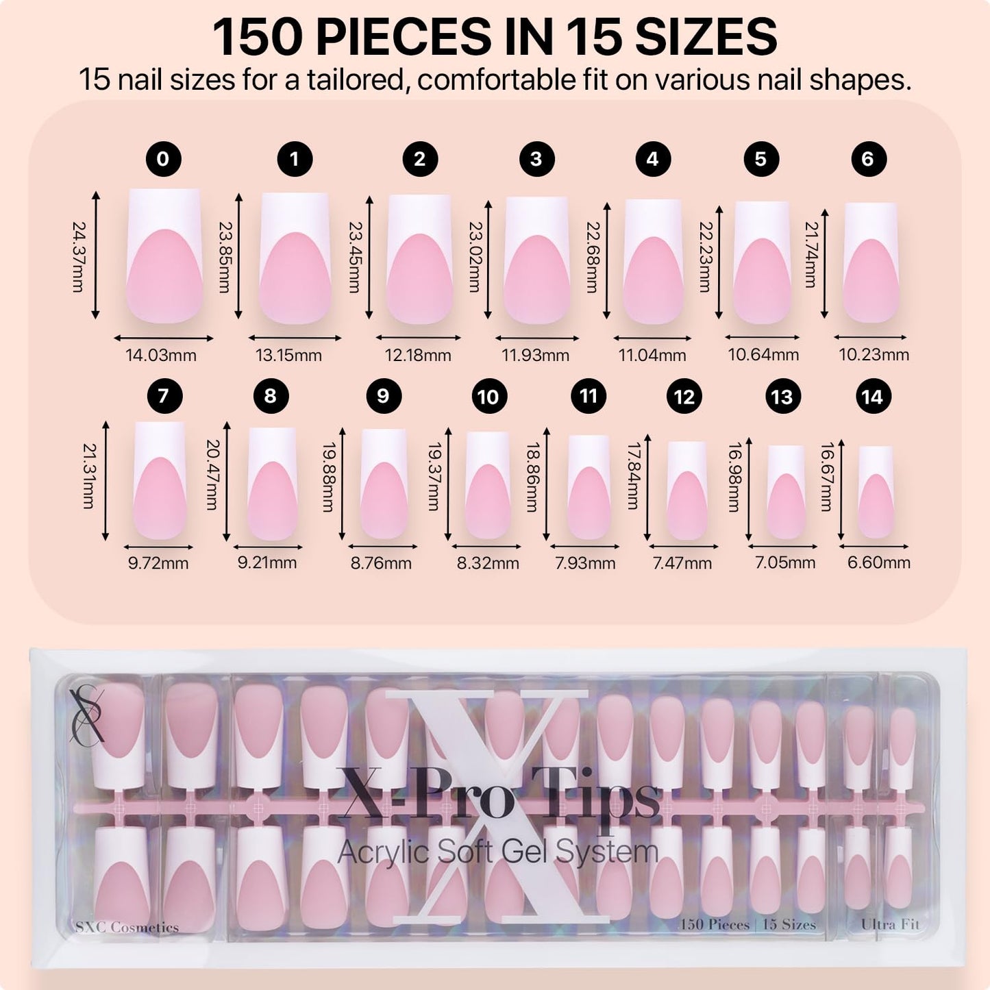 SXC Cosmetics French Tip Press On Nails Pink Medium Square 150 Pieces in 15 Sizes Ultra Fit with Pre-applied Tip Primer and Base Coat, No Need to File Fake Nails for Nail Art DIY X-Pro Tips
