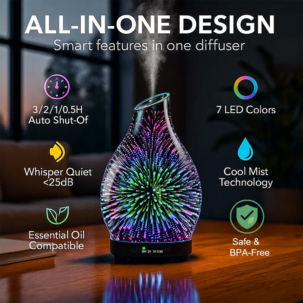 JOYOLO 120ML Essential Oil Diffuser, 3D Glass Aromatherapy Diffuser with Auto Shut-Off and 7 Color LED Lights, Ultrasonic Mist Humidifier with 4 Timer for Home Office Bedroom (3D Fireworks)