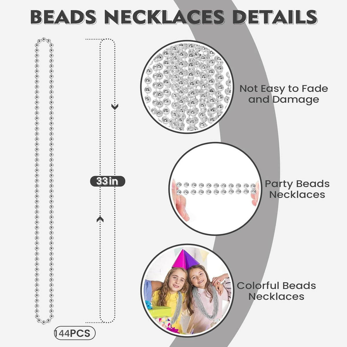 SHAOQINLIN 144 PCS Silver Bead Necklace, Silver Mardi Gras Beads Christmas Necklace, 4th of July Necklaces, 33'' Silver Party Beads for Patriotic Day, Mardi Gras, Christmas, Carnival Party Favors