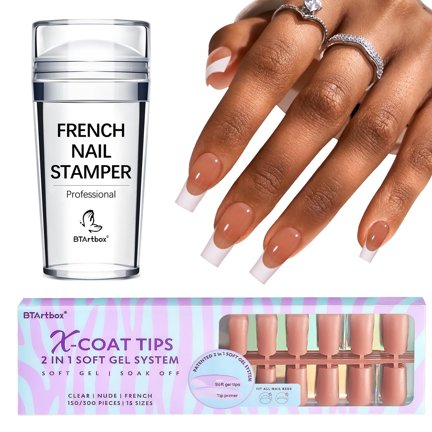 BTArtbox Press On Nails Long Square with French Nail Stamper - 150Pcs 2 in 1 X-coat Tips Pre-applied Tip Primer, One-Step Square Gel Nail Tips Fake Nails 15 Sizes for Nail Extensions