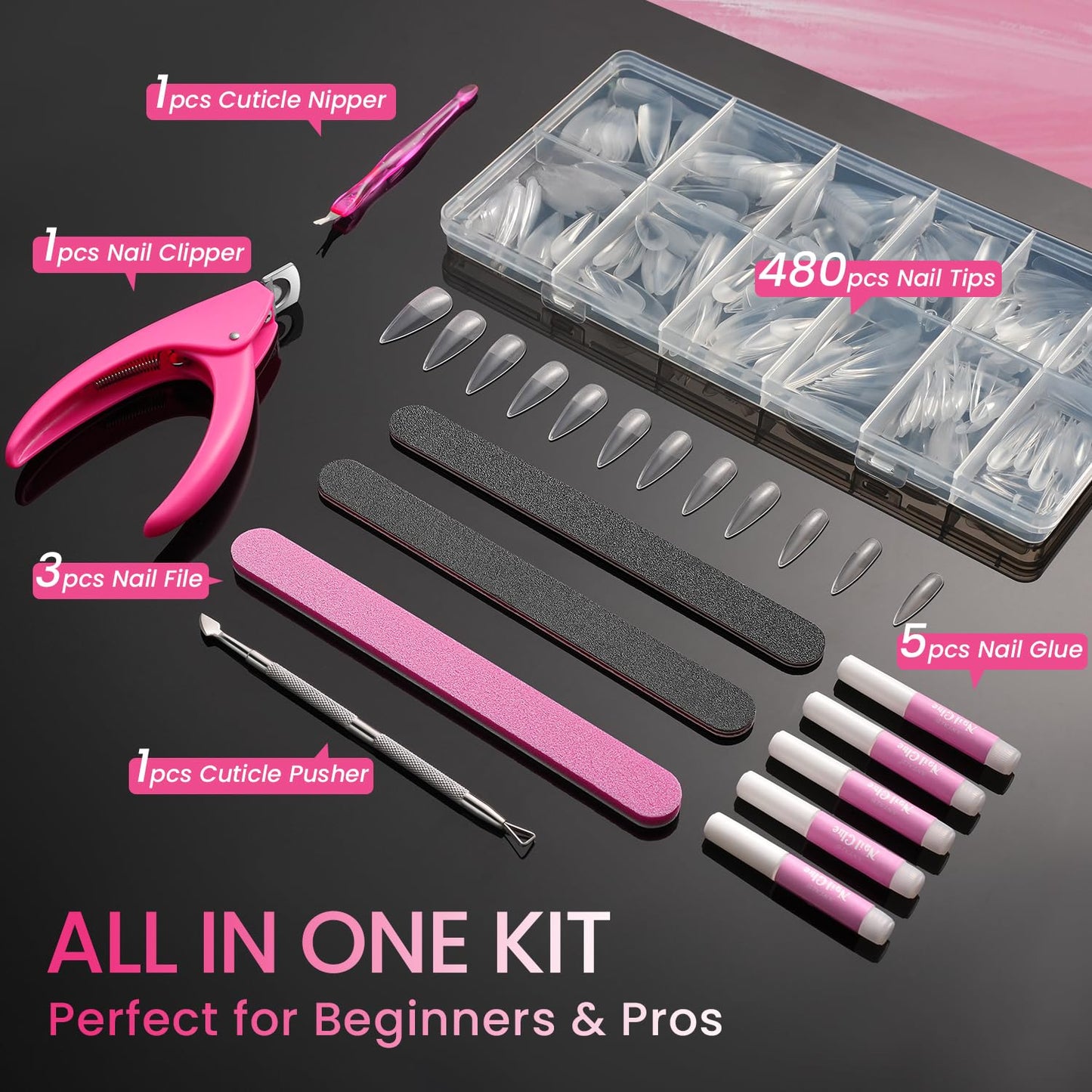 Clear Stiletto Nail Tips Long, MORGLES 480PCS Acrylic Nail Tips Full Cover 12 Sizes (0–11) with Nail Glue, Cutter, Files & Cuticle Tools