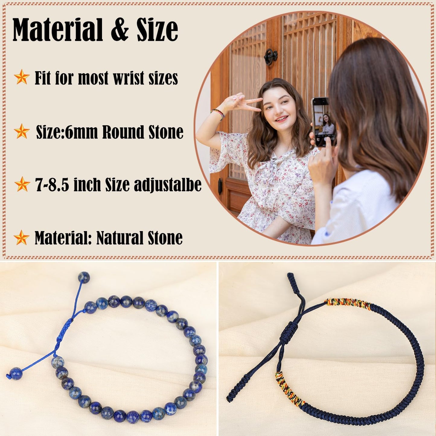 LPBeads 6mm Blue Lapis Bracelet with Handmade Rope Bracelet Size Adjustable Natural Stone Crystal Healing Bracelets Gifts for Unisex Adults