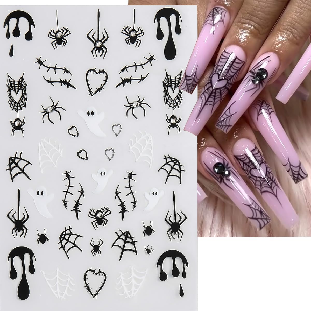 4 Sheets Halloween 5D Embossed Spider Nail Stickers for Nail Art Exquisite Glitter Rhinestones Nail Design Stickers Self-Adhesive Evil Eye Nail Decals Holiday Nail Art Decoration for Women DIY Set