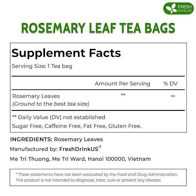 FreshDrinkUS, Premium 40 Rosemary Leaf Tea Bags, 100% Natural and Pure Rosemary Dried Leaves, Pure Herbal Tea, No Additives, No Caffeine, No Gluten, Vegan.