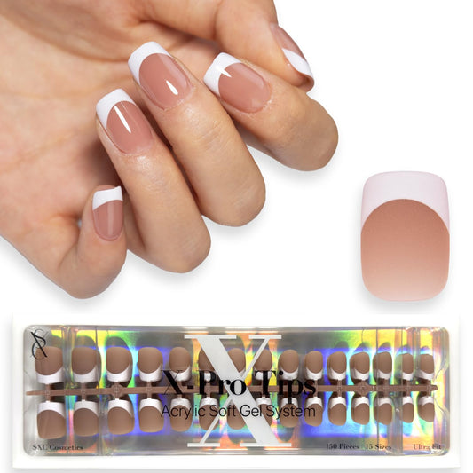 SXC Cosmetics French Tip Press On Nails Brown Extra Short Square 150 Pieces in 15 Sizes Ultra Fit with Pre-applied Tip Primer and Base Coat, No Need to File Fake Nails for Nail Art DIY X-Pro Tips