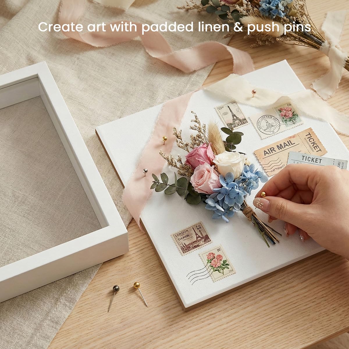 11x14 Shadow Box Frame | Soft Linen Back & Push Pins Included, Polystyrene Glass Memory Display Case for Flowers, Tickets & Cherished 3D Items, White
