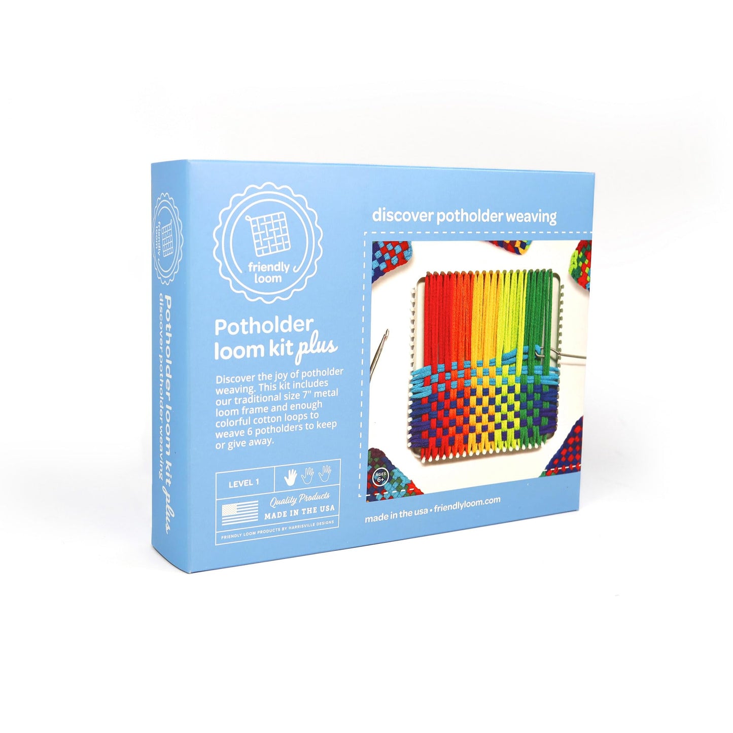 Friendly Loom 7” Traditional Potholder Loom Plus Weaving Kit | Sturdy Metal Loom and Quality Cotton Weaving Loops in Rainbow Colors | Complete Kit to Weave 6 Functional Potholders | Made in the USA