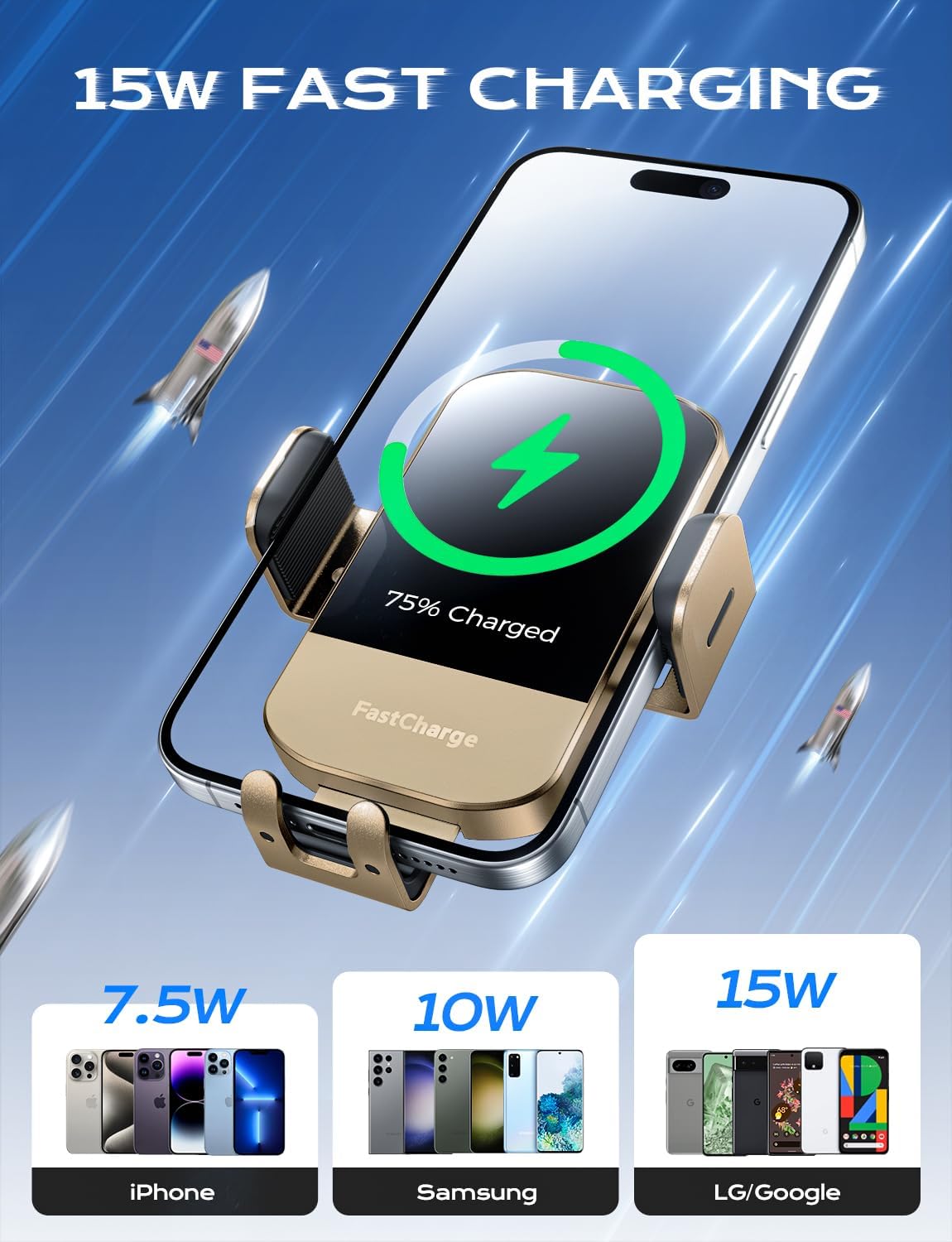 CHGeek Wireless Car Charger, 15W Fast Charging Auto Clamping Car Charger Phone Mount Phone Holder fit for iPhone 15 14 13 12 11 Pro Max Xs, Samsung Galaxy S25 Ultra S24 S23 S22, S21, S20, Golden
