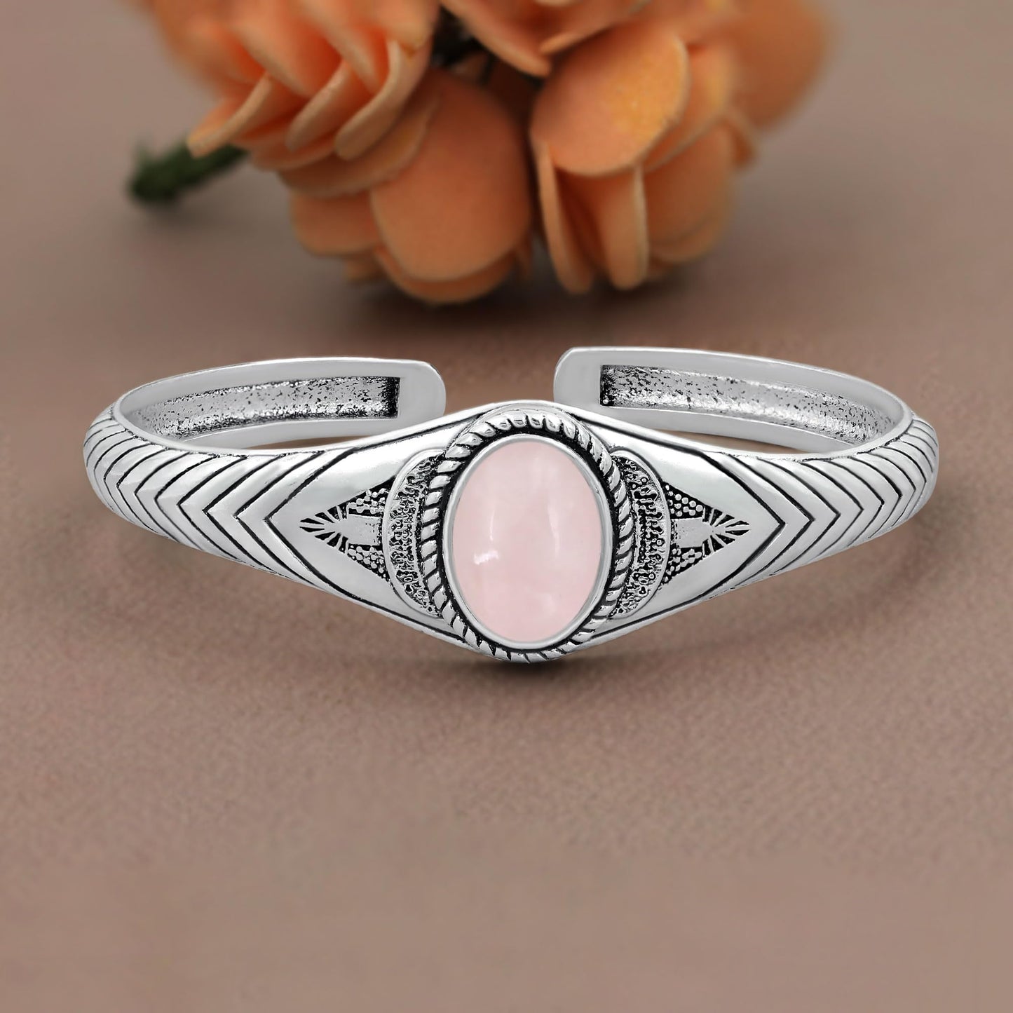 Rose Quartz Cuff Bangle Bracelet for Men Women – Handmade 925 Silver Plated Adjustable Boho Jewelry – Natural Gemstone Janaury Birthstone Statement Bangle – Bohemian Elegant Gift for Him Her