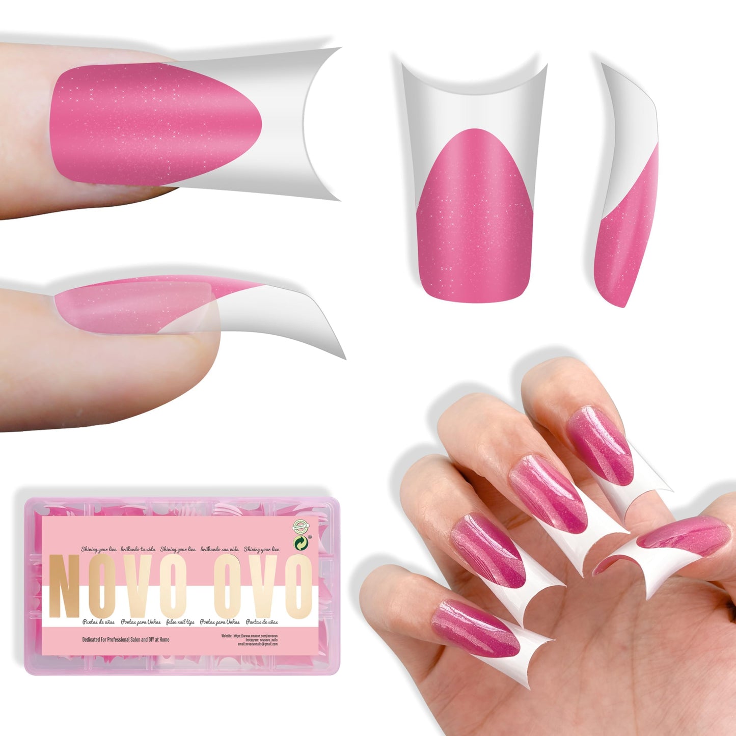 NOVO OVO Halloween Duck Nail White French Tips Press On ROSE PINK with Glitter, Full Cover Acrylic with Moon Curve, Medium Thick Pre-Etched Flare Wide Soft Gel False Nail Extension x 15 Sizes 150 pcs