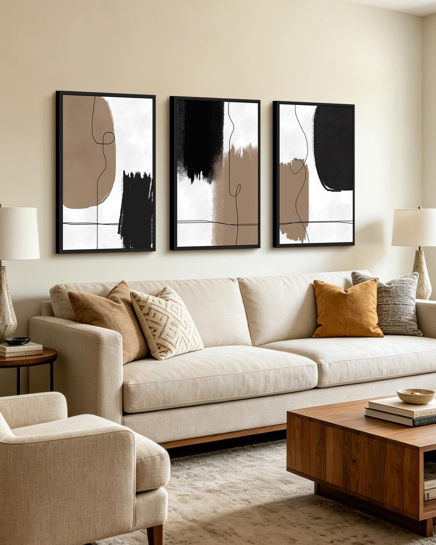 KUVIOKE Neutral Abstract Framed Wall Art Beige Mid Century Textured Wall Decor Minimalist Line Modern Illustrations Art Print Home Decor 24x36in (Black Framed)