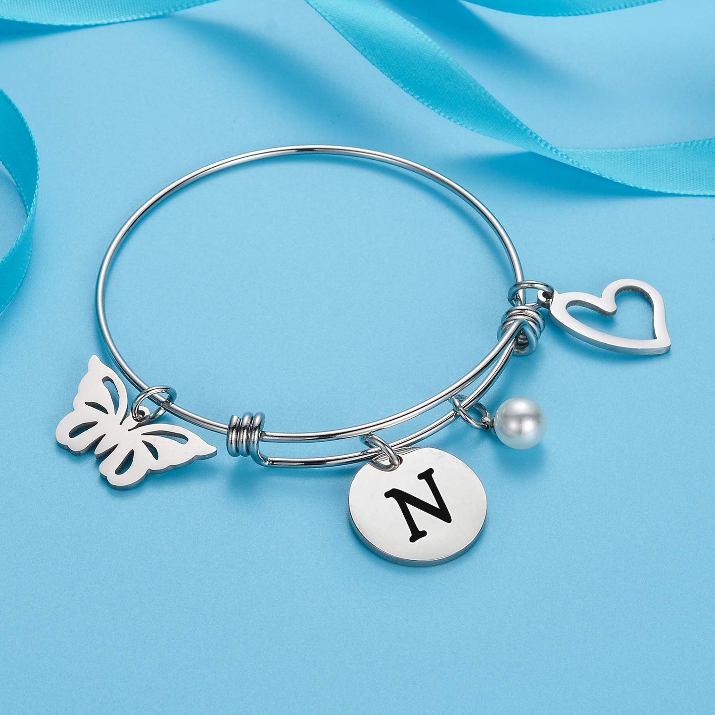 malyunin Initial Bracelet Charm Bracelets Heart Butterfly 26 Letters Alphabet Bracelet for Women Letter Bracelet Personalized Jewelry (N)