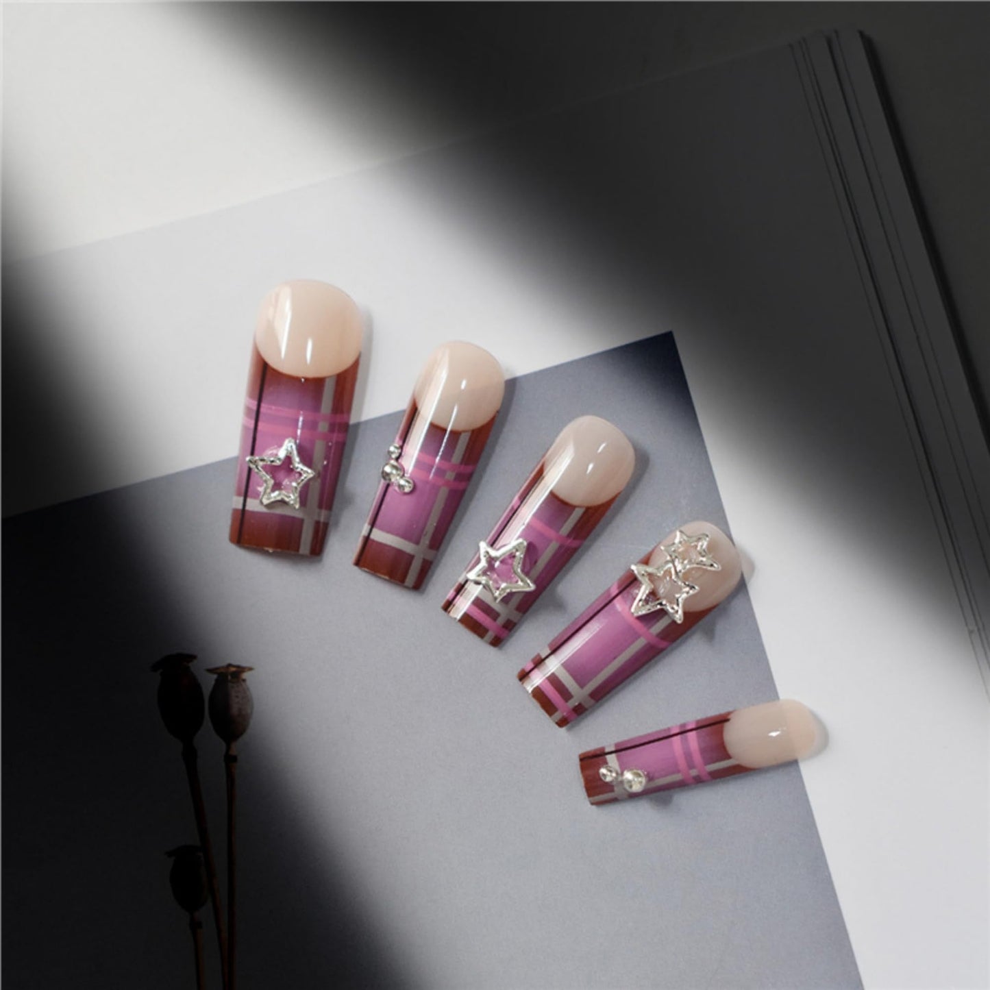 SEENEEY Square Press on Nails Long Fake Nails Purple Artificial Nail Silver Charm Stick on Nail for Women 24pcs