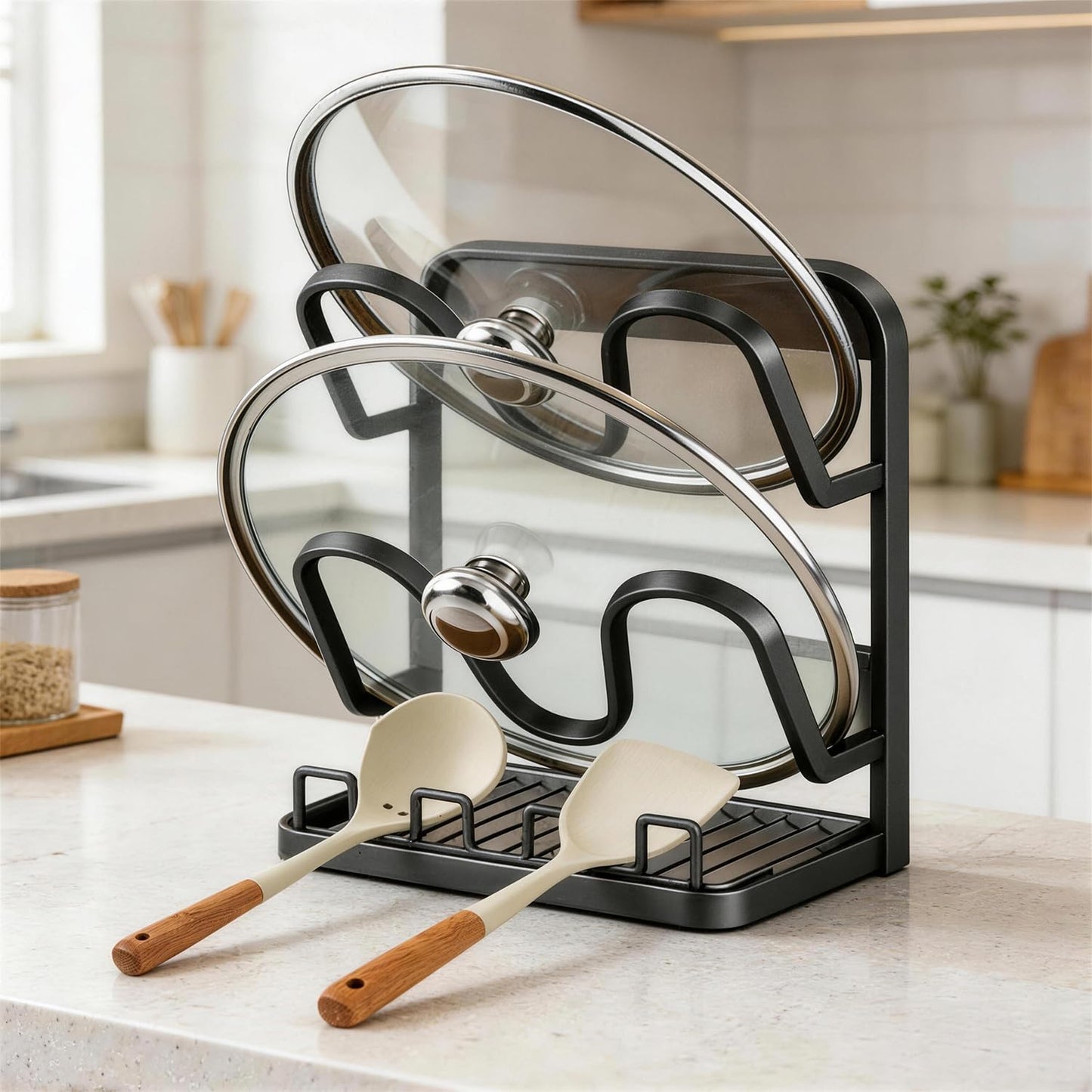 AMDISI Kitchen Pot Lid Storage Rack: Carbon Steel Double-Layer Holder & Spoon Rest with Removable Drip Tray, Pot Cover Holder While Cooking, Pot Lid Organizer for Kitchen Counter Space Saving(Gray)