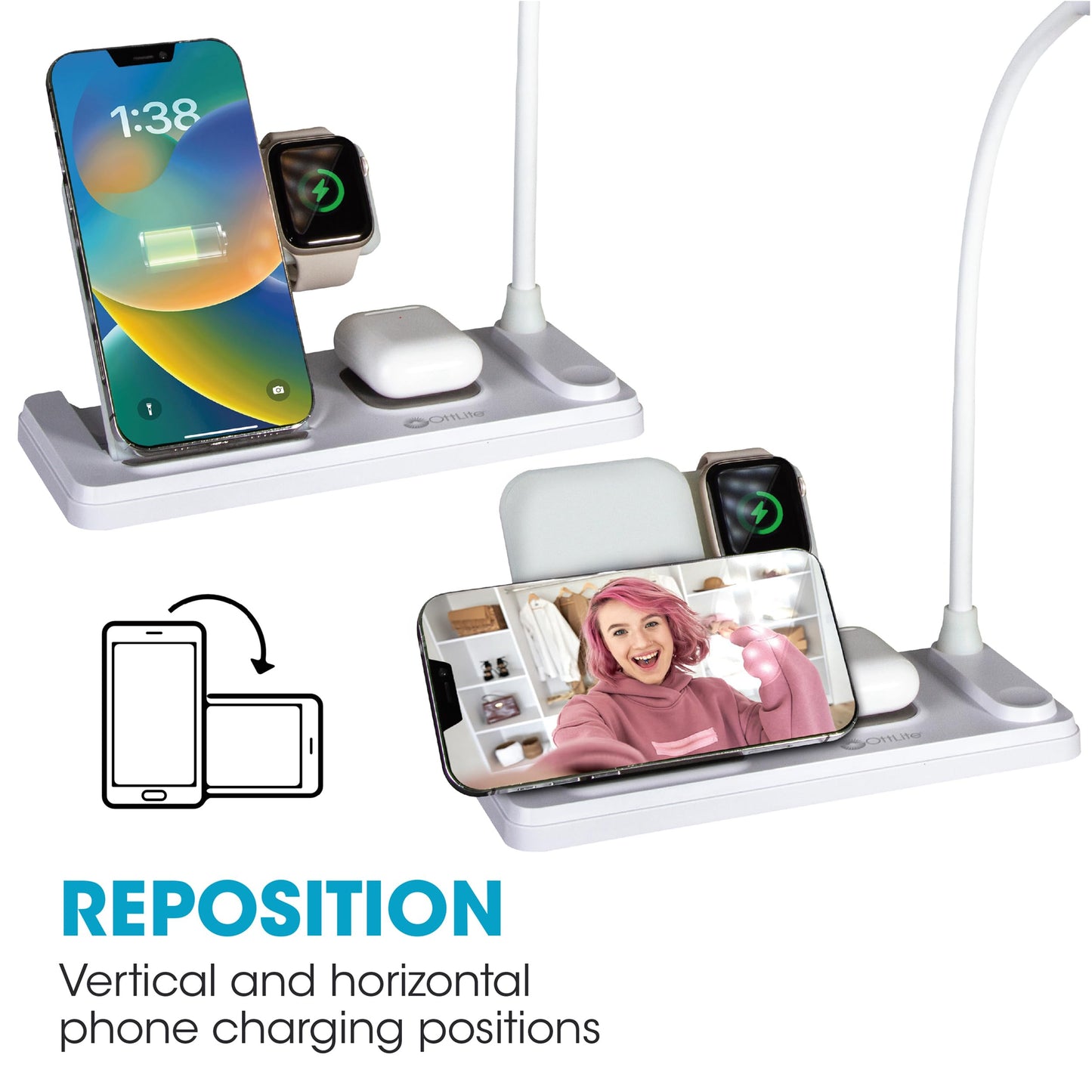 Ottlite LED Desk Lamp with Multi-Device Charging Station, White