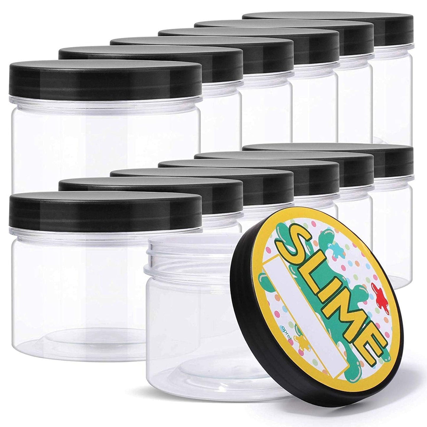 Opret 12 Pack 10oz Empty Slime Containers, Large Plastic Slime Jars with Lids and Labels Clear Storage Organizers for Slime Making, Food and Beauty Products, BPA Free