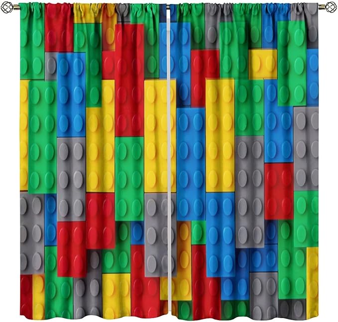 Kids Building Blocks Toy Curtains for Kids Room W84 x L84 Inch Rod Pocket Contour Plastic Colorful Toy Bricks Geometric Print Pattern Curtains for Boys Girls Bedroom 2 Panels